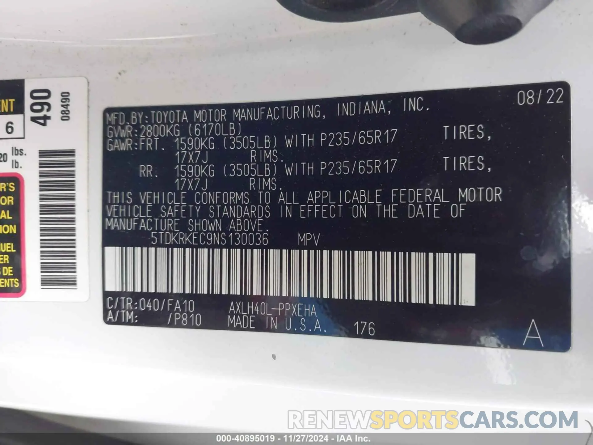 9 fotografías del automóvil dañado 5TDKRKEC9NS130036 TOYOTA SIENNA 2022