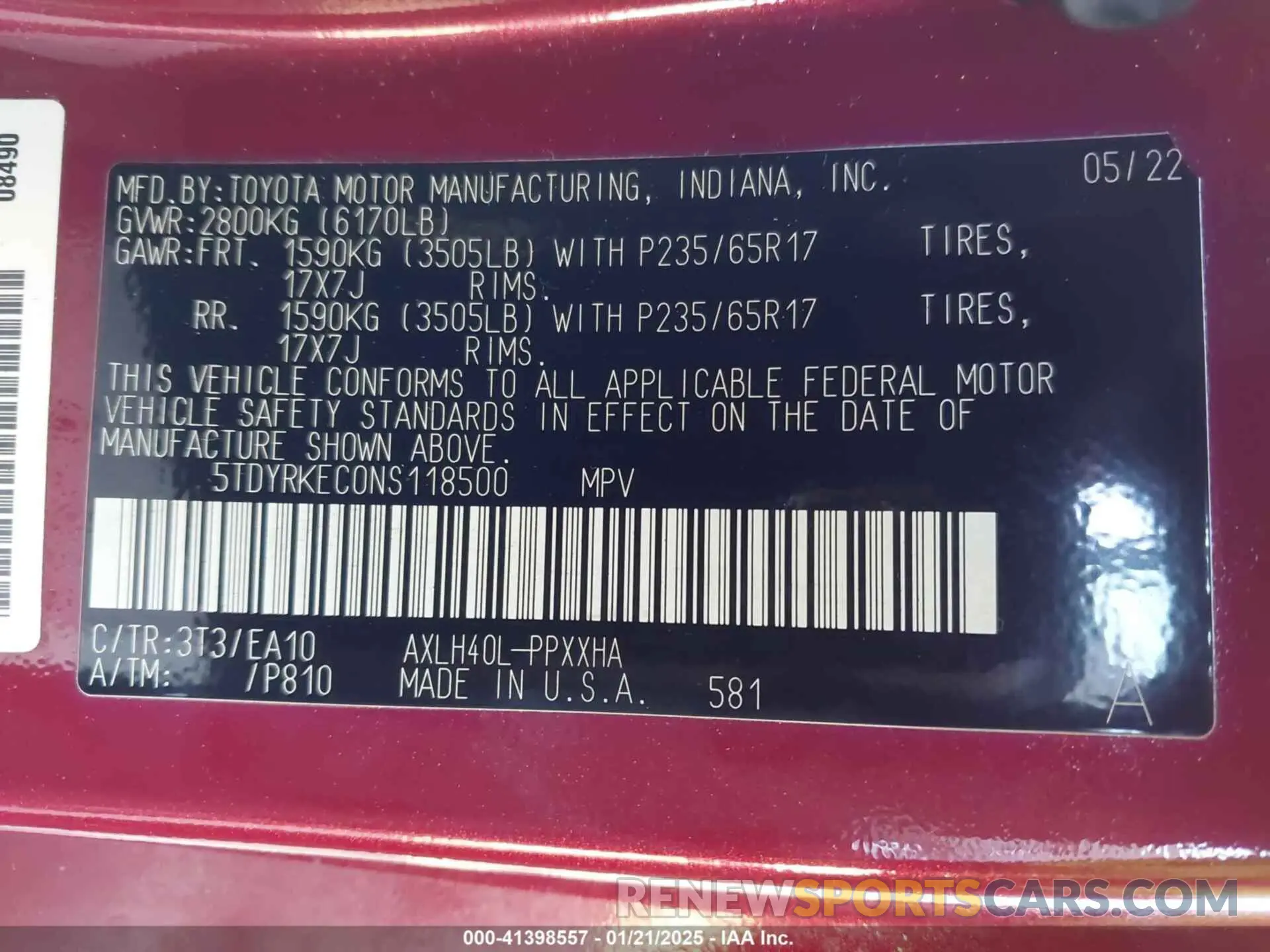 9 fotografías del automóvil dañado 5TDYRKEC0NS118500 TOYOTA SIENNA 2022