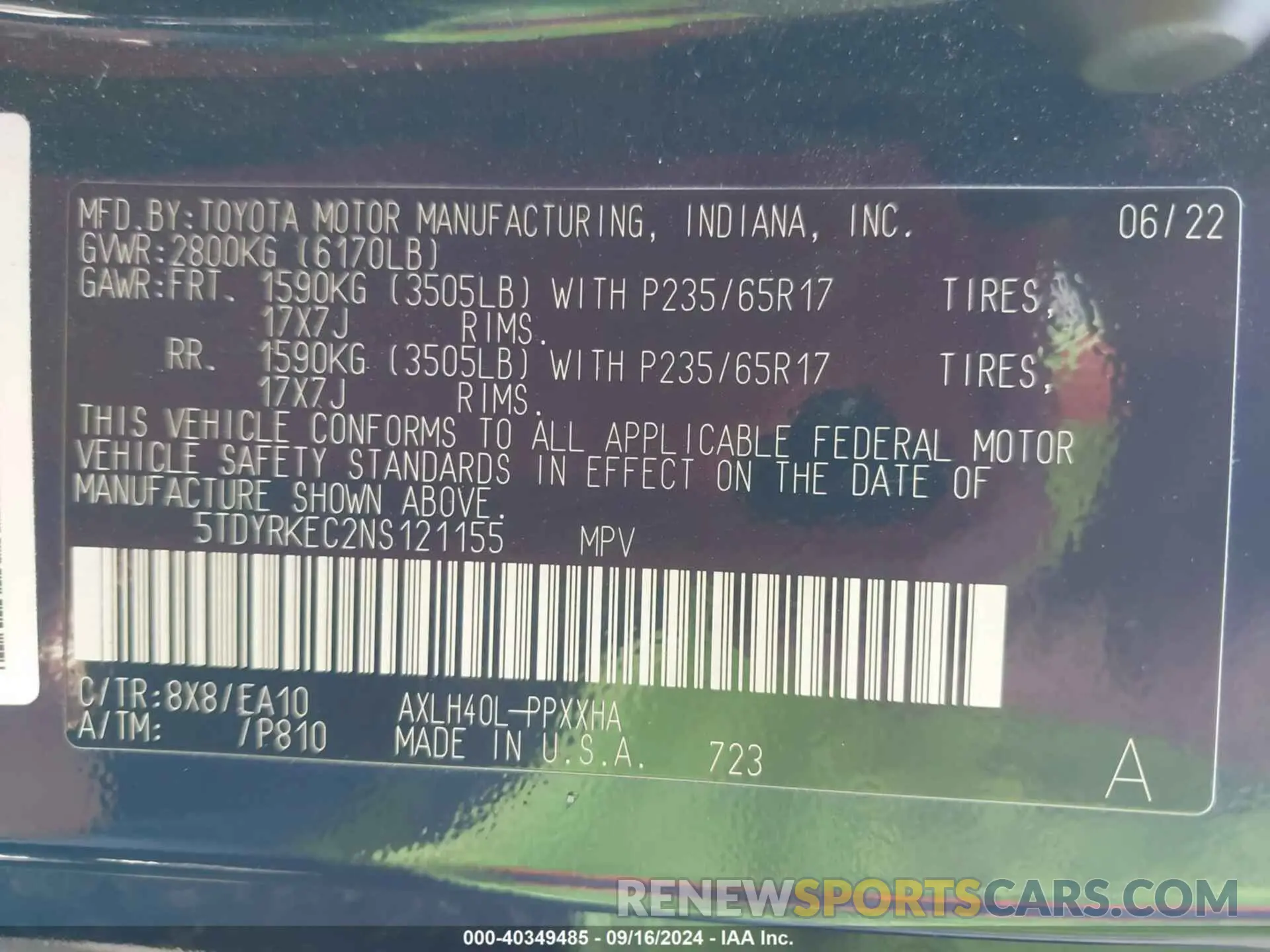 9 fotografías del automóvil dañado 5TDYRKEC2NS121155 TOYOTA SIENNA 2022
