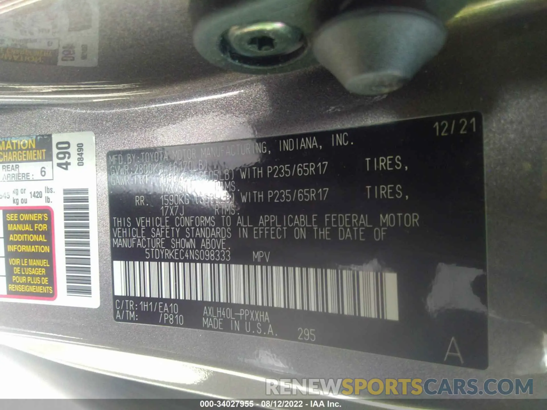 9 fotografías del automóvil dañado 5TDYRKEC4NS098333 TOYOTA SIENNA 2022