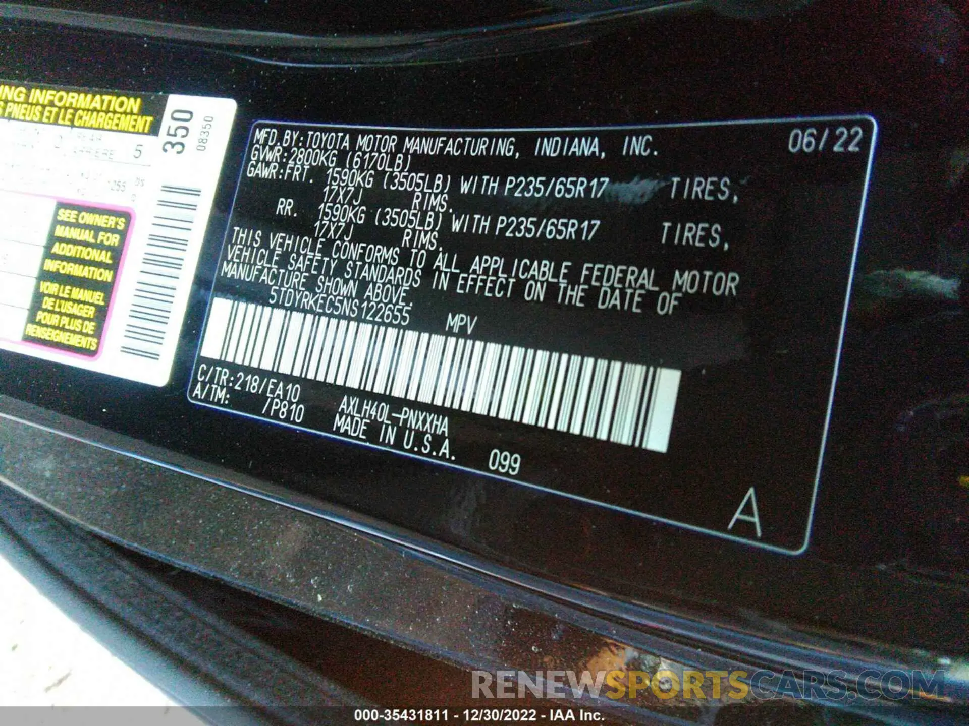 9 fotografías del automóvil dañado 5TDYRKEC5NS122655 TOYOTA SIENNA 2022
