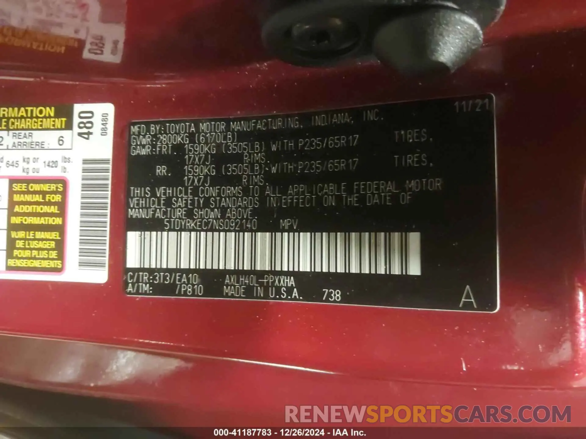 9 fotografías del automóvil dañado 5TDYRKEC7NS092140 TOYOTA SIENNA 2022