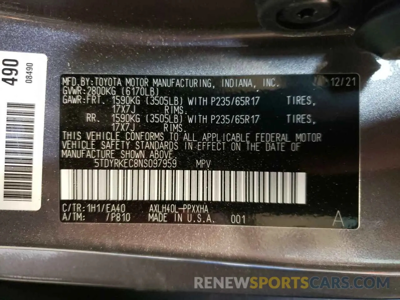 10 fotografías del automóvil dañado 5TDYRKEC8NS097959 TOYOTA SIENNA 2022