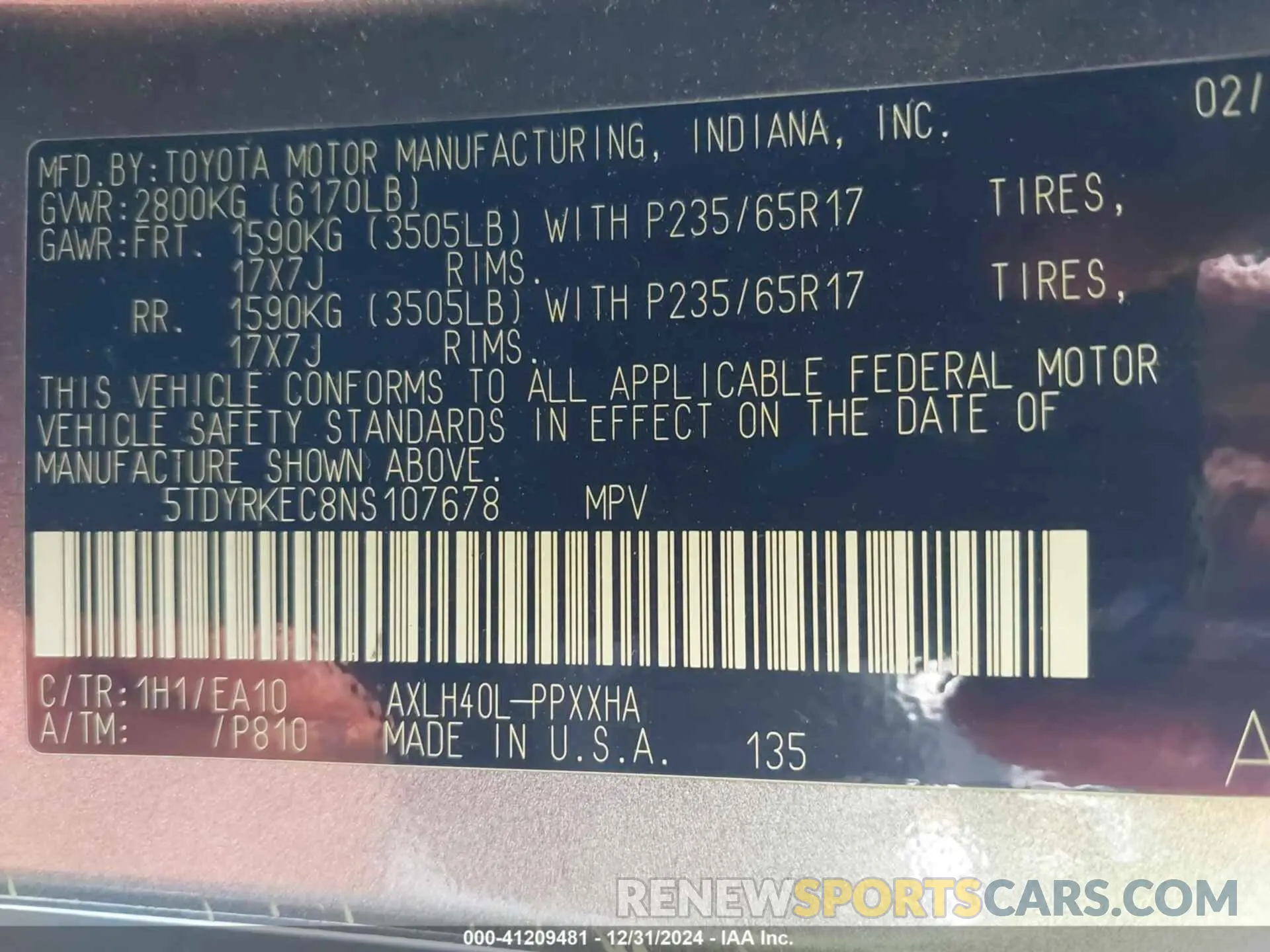9 fotografías del automóvil dañado 5TDYRKEC8NS107678 TOYOTA SIENNA 2022