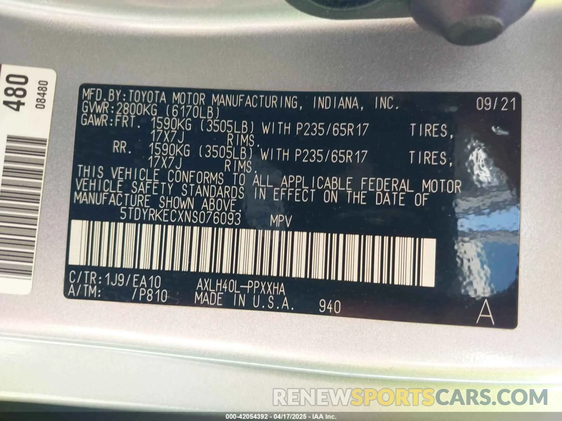 9 fotografías del automóvil dañado 5TDYRKECXNS076093 TOYOTA SIENNA 2022