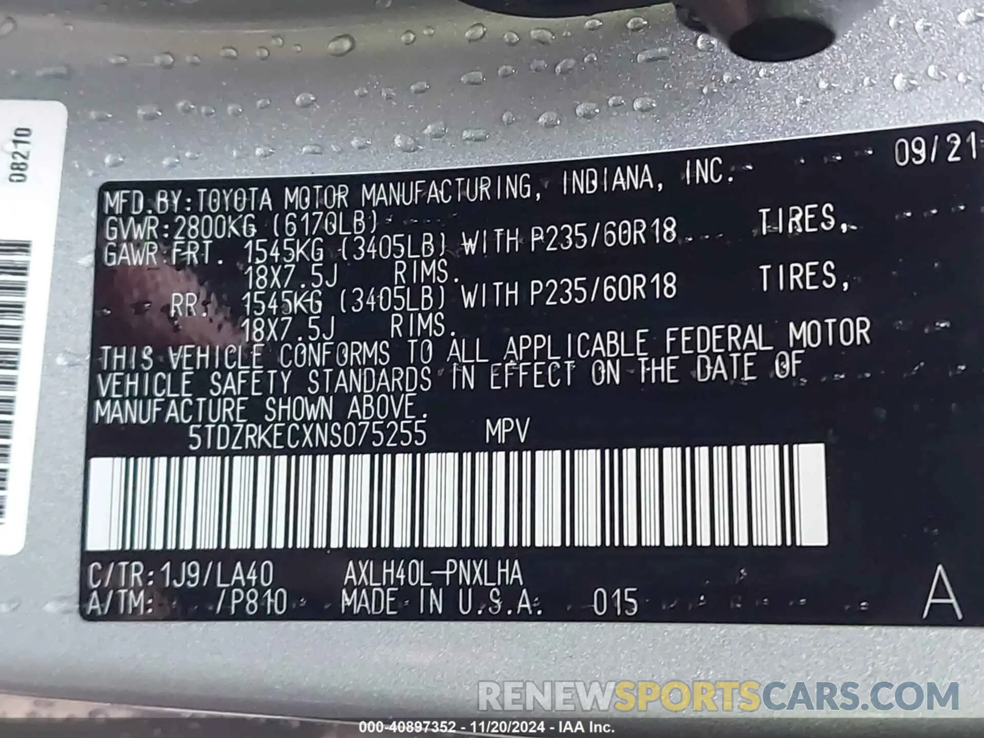 9 fotografías del automóvil dañado 5TDZRKECXNS075255 TOYOTA SIENNA 2022