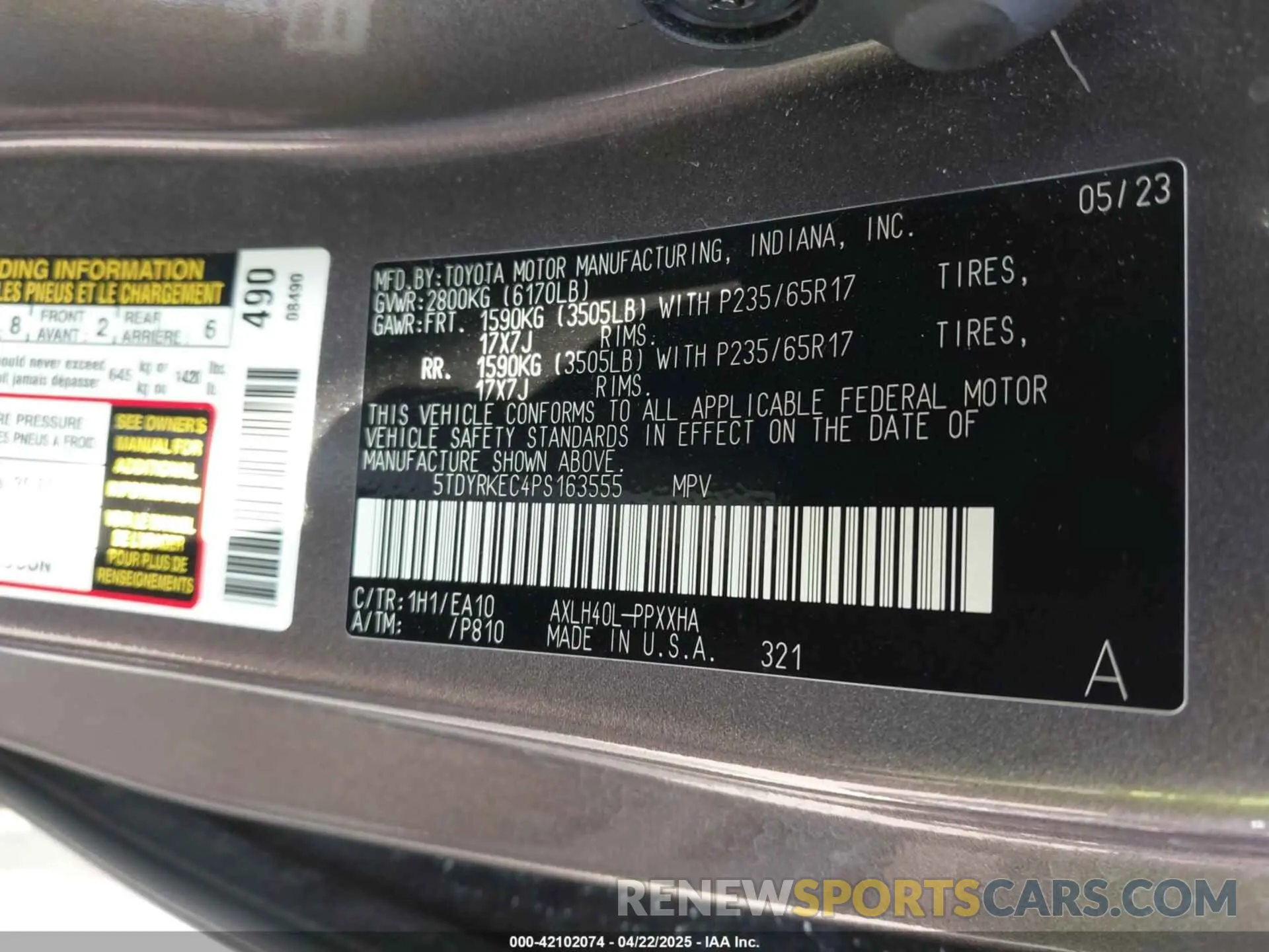 9 fotografías del automóvil dañado 5TDYRKEC4PS163555 TOYOTA SIENNA 2023
