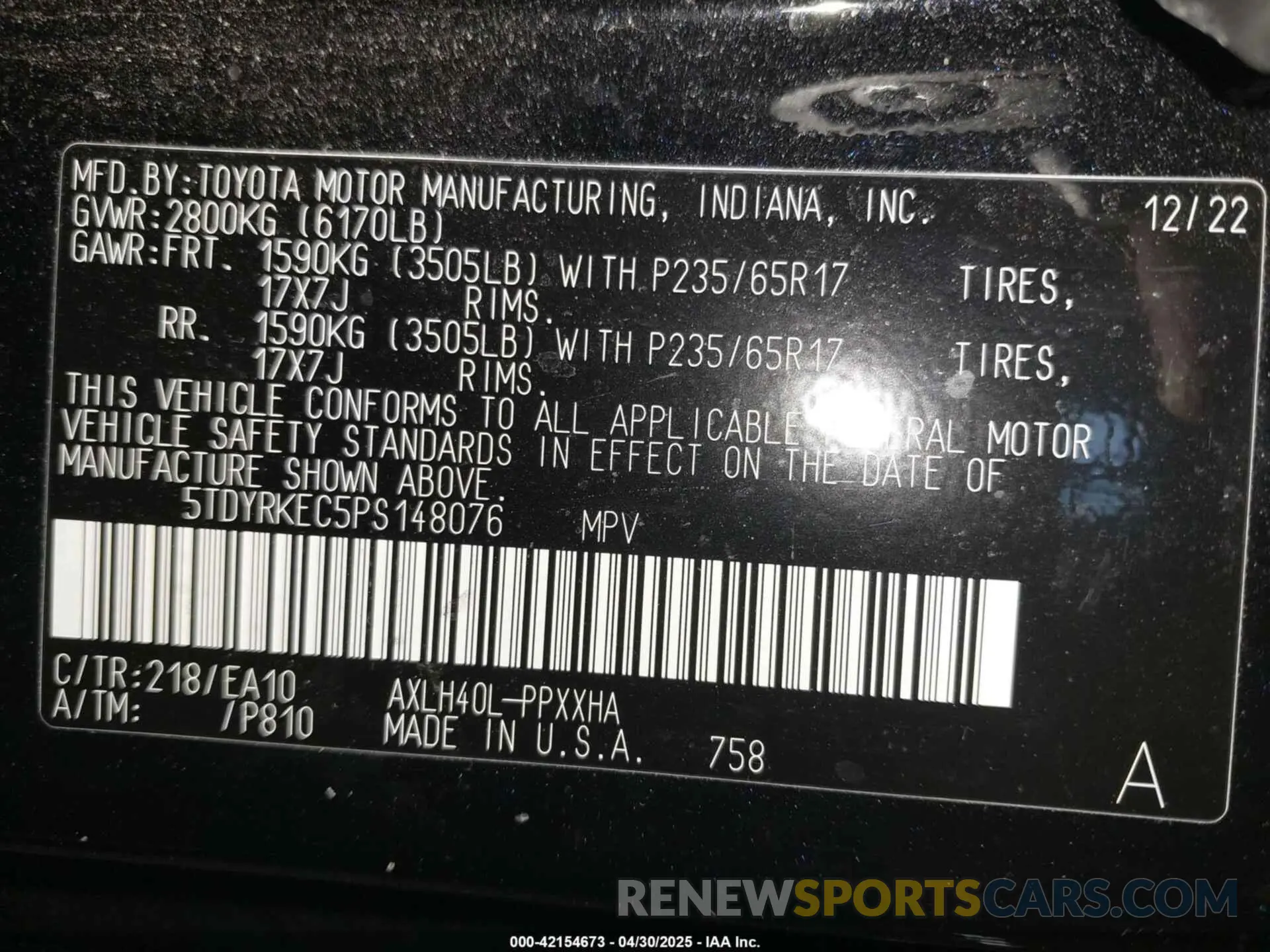 9 fotografías del automóvil dañado 5TDYRKEC5PS148076 TOYOTA SIENNA 2023