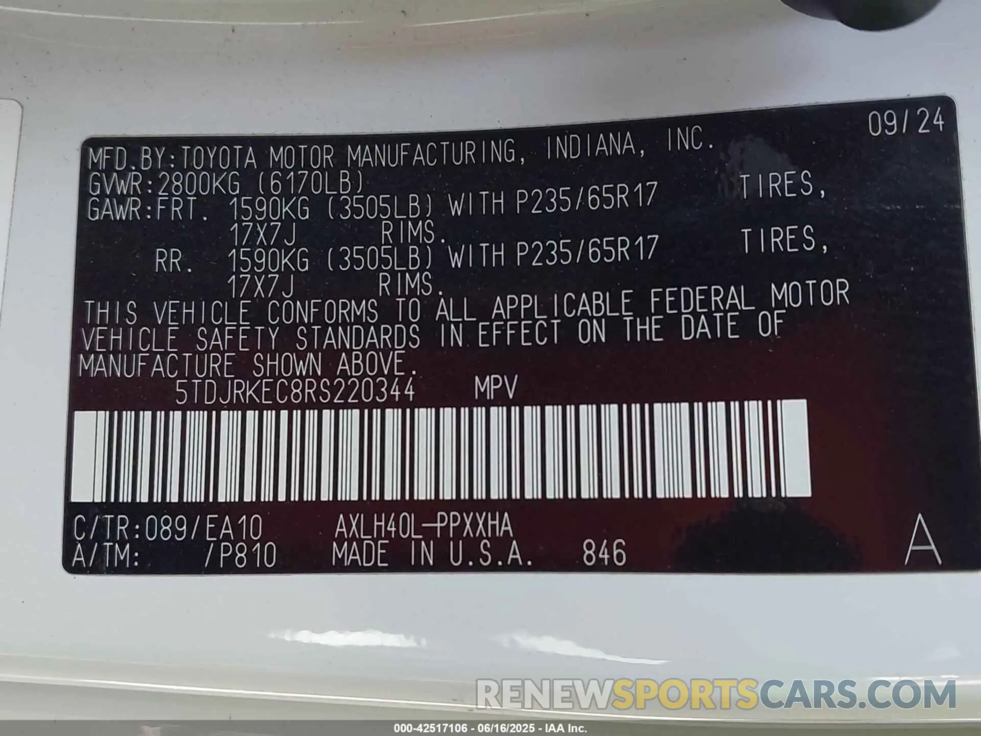 9 fotografías del automóvil dañado 5TDJRKEC8RS220344 TOYOTA SIENNA 2024