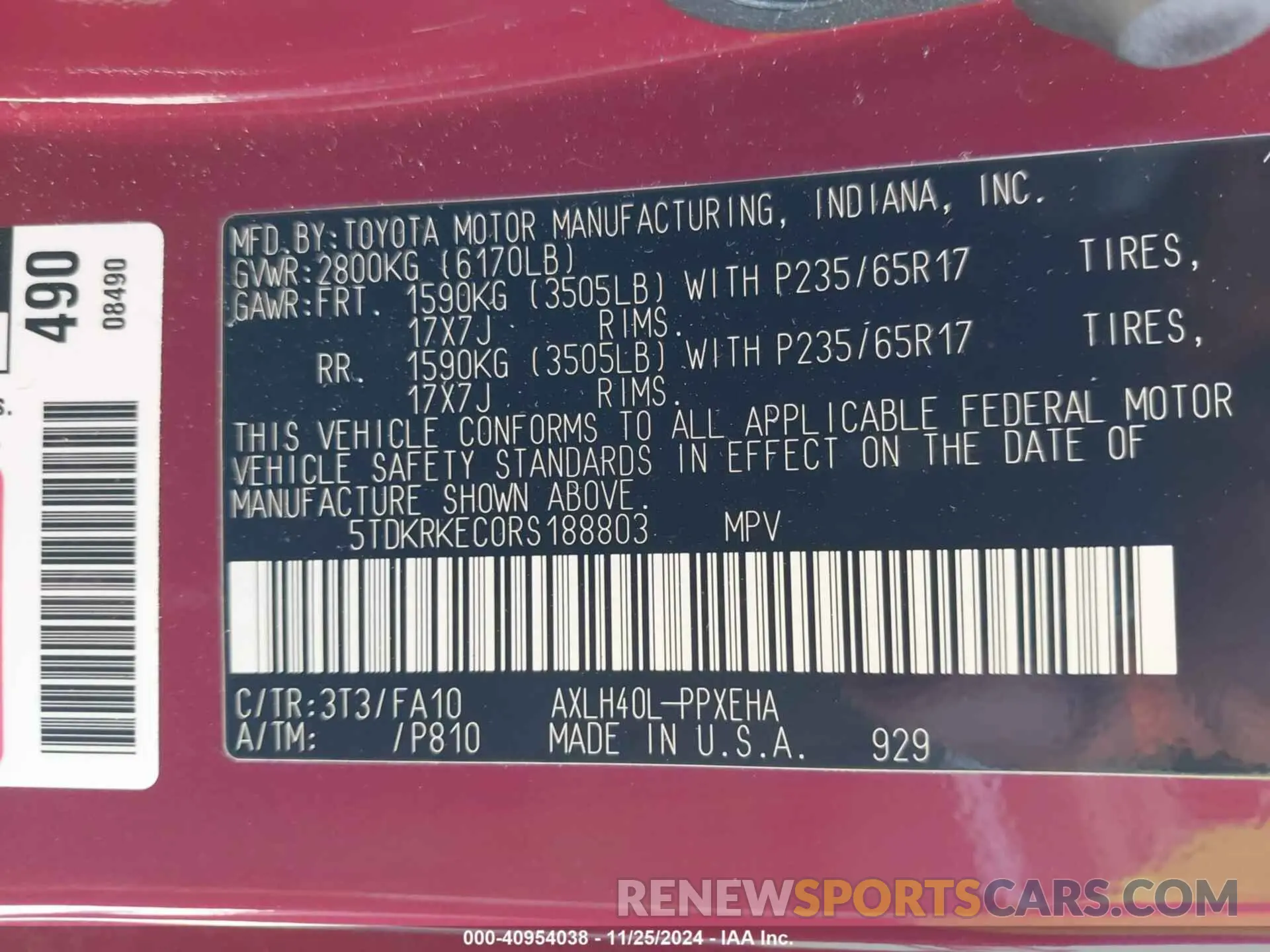 9 fotografías del automóvil dañado 5TDKRKEC0RS188803 TOYOTA SIENNA 2024