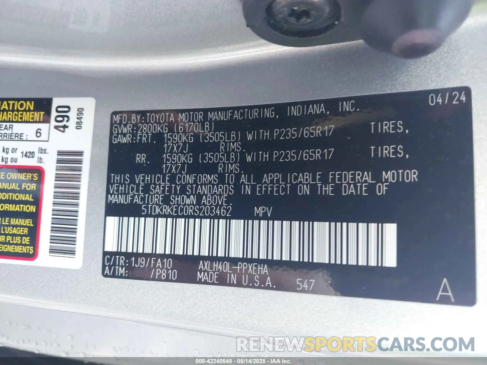 9 fotografías del automóvil dañado 5TDKRKEC0RS203462 TOYOTA SIENNA 2024