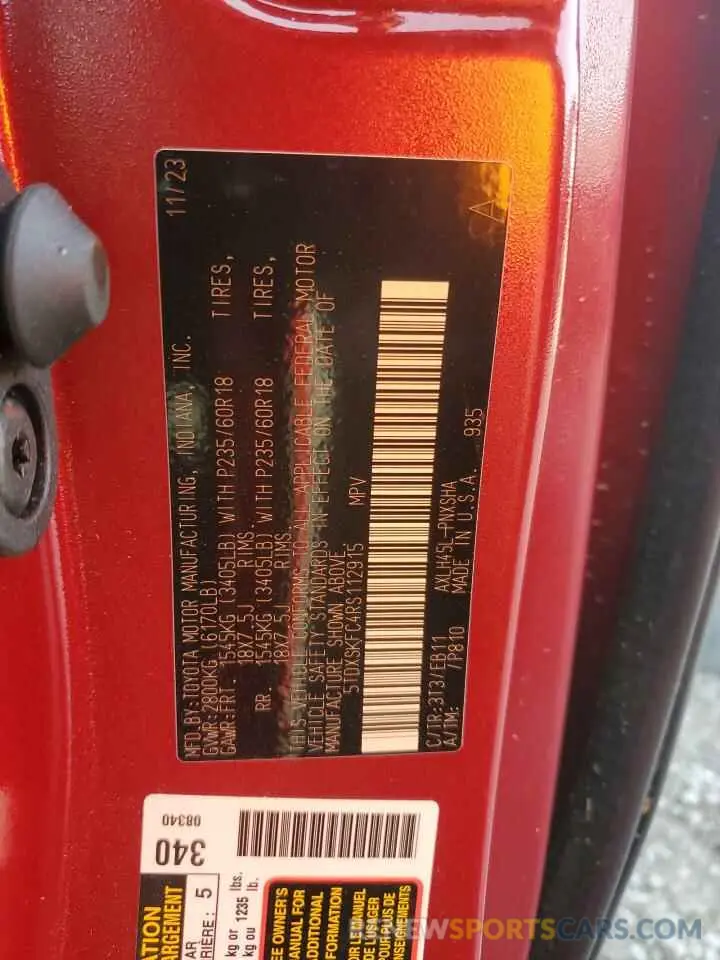 14 fotografías del automóvil dañado 5TDXSKFC4RS112915 TOYOTA SIENNA 2024