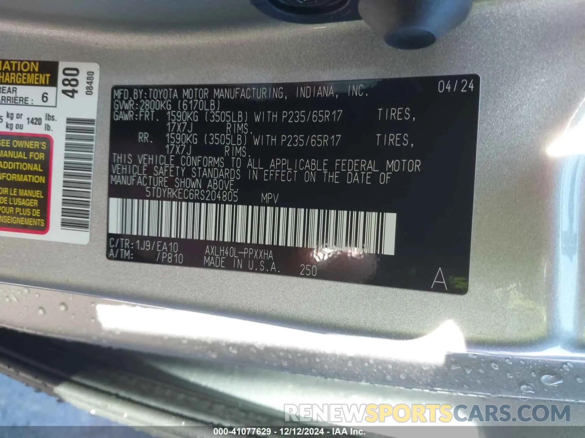 9 fotografías del automóvil dañado 5TDYRKEC6RS204805 TOYOTA SIENNA 2024