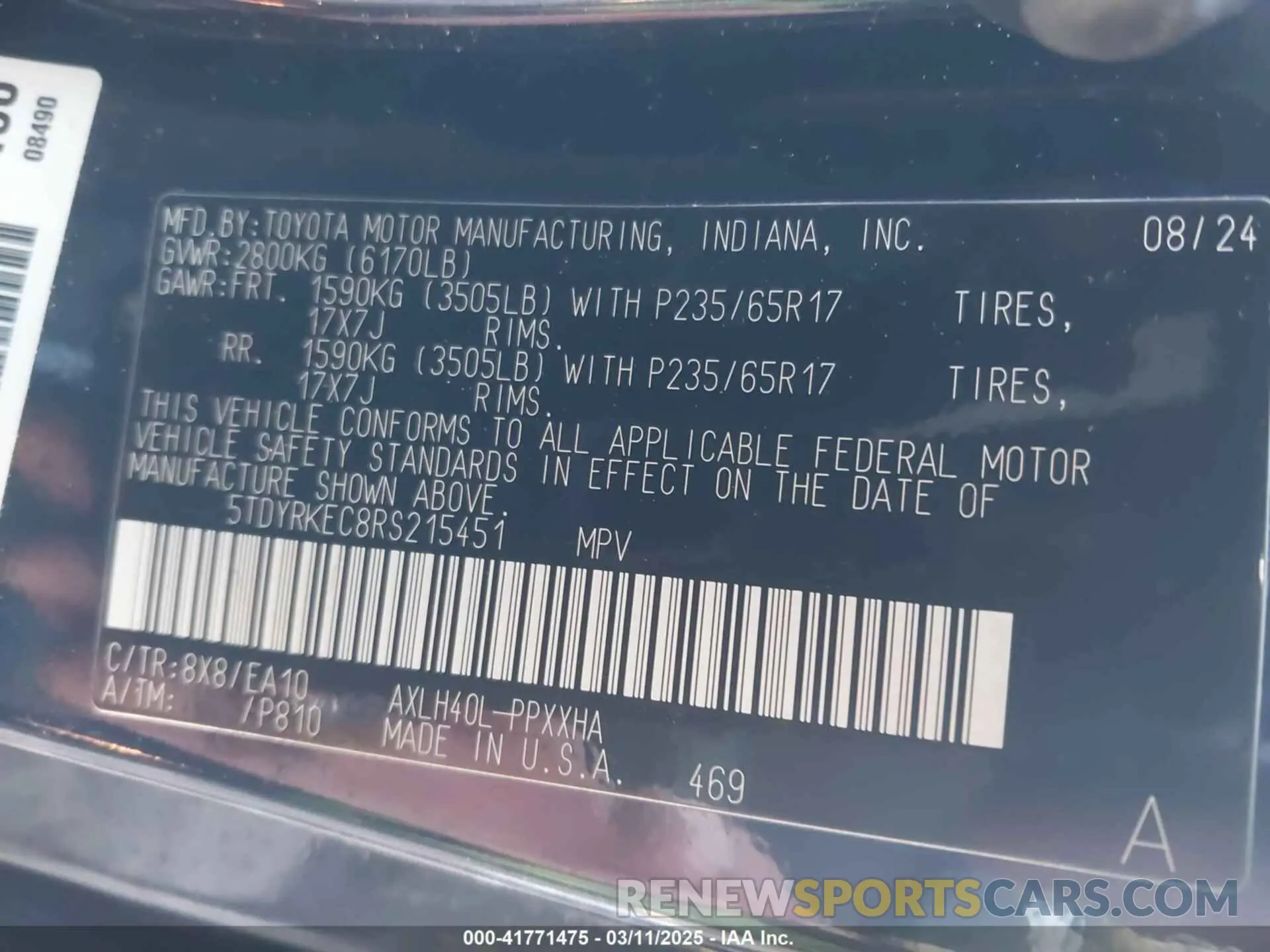 9 fotografías del automóvil dañado 5TDYRKEC8RS215451 TOYOTA SIENNA 2024