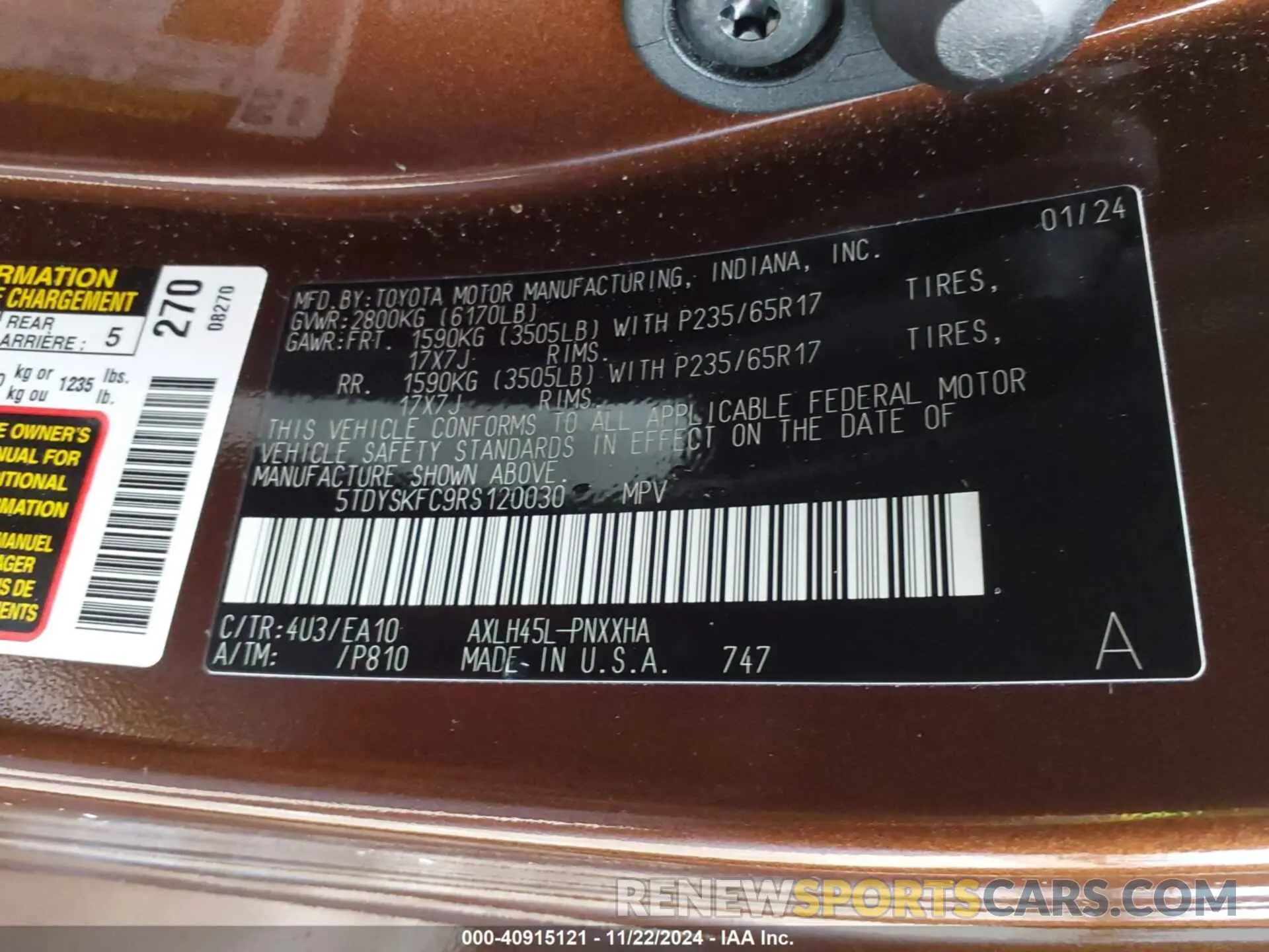 9 fotografías del automóvil dañado 5TDYSKFC9RS120030 TOYOTA SIENNA 2024