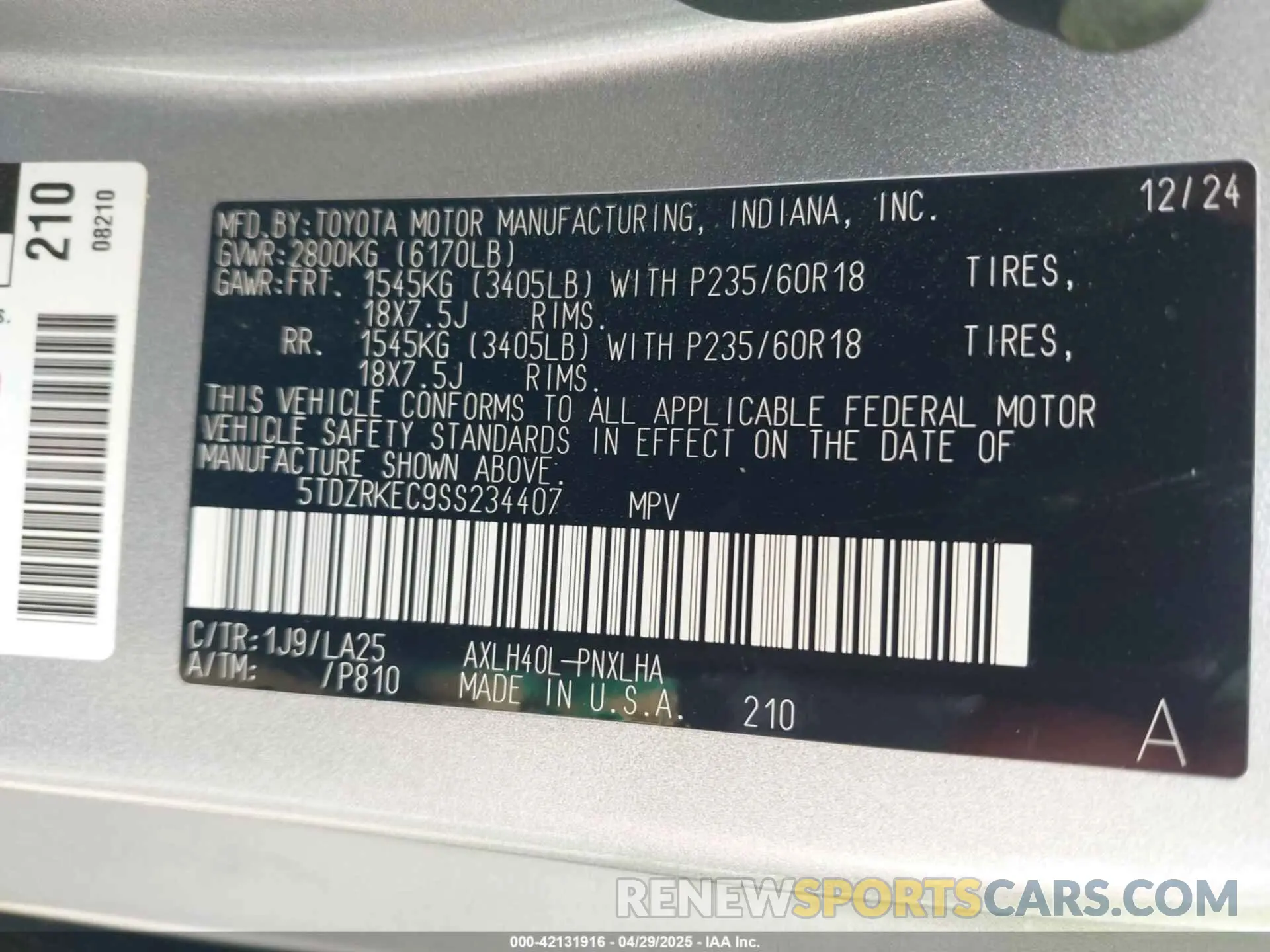 9 fotografías del automóvil dañado 5TDZRKEC9SS234407 TOYOTA SIENNA 2025