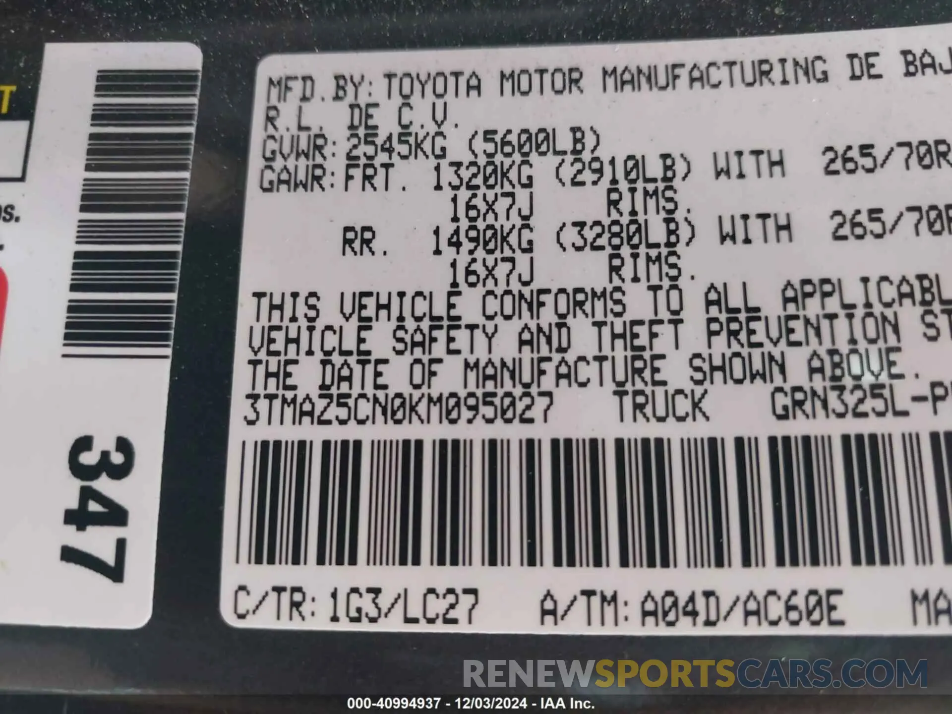 9 fotografías del automóvil dañado 3TMAZ5CN0KM095027 TOYOTA TACOMA 2019