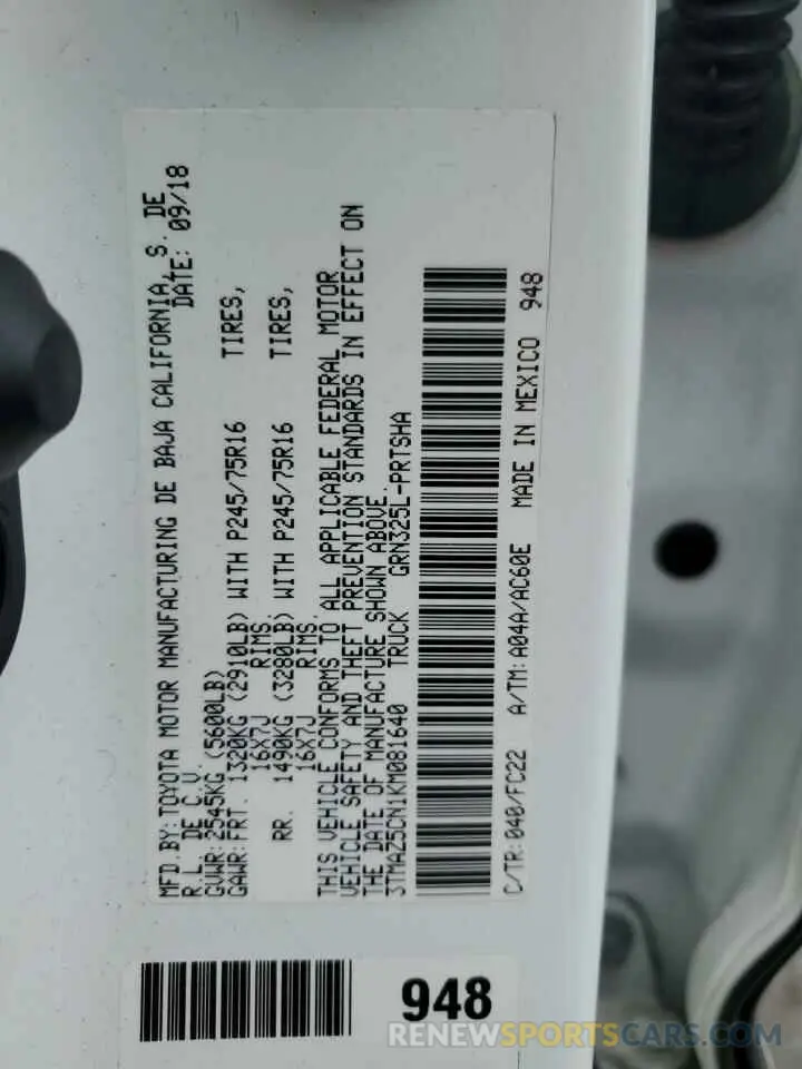 12 fotografías del automóvil dañado 3TMAZ5CN1KM081640 TOYOTA TACOMA 2019