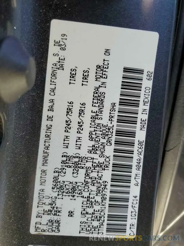 12 fotografías del automóvil dañado 3TMAZ5CN1KM097949 TOYOTA TACOMA 2019