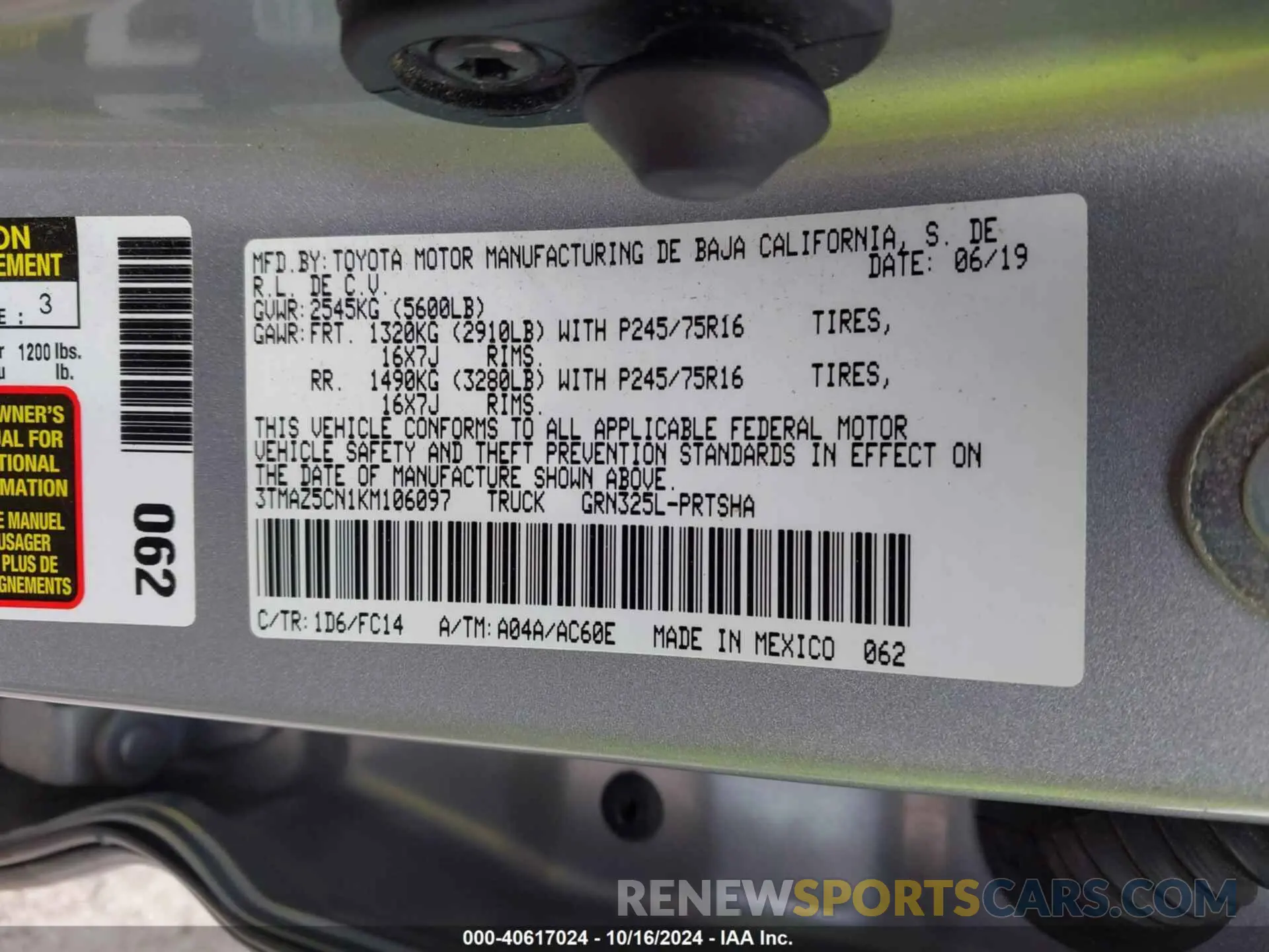 9 fotografías del automóvil dañado 3TMAZ5CN1KM106097 TOYOTA TACOMA 2019