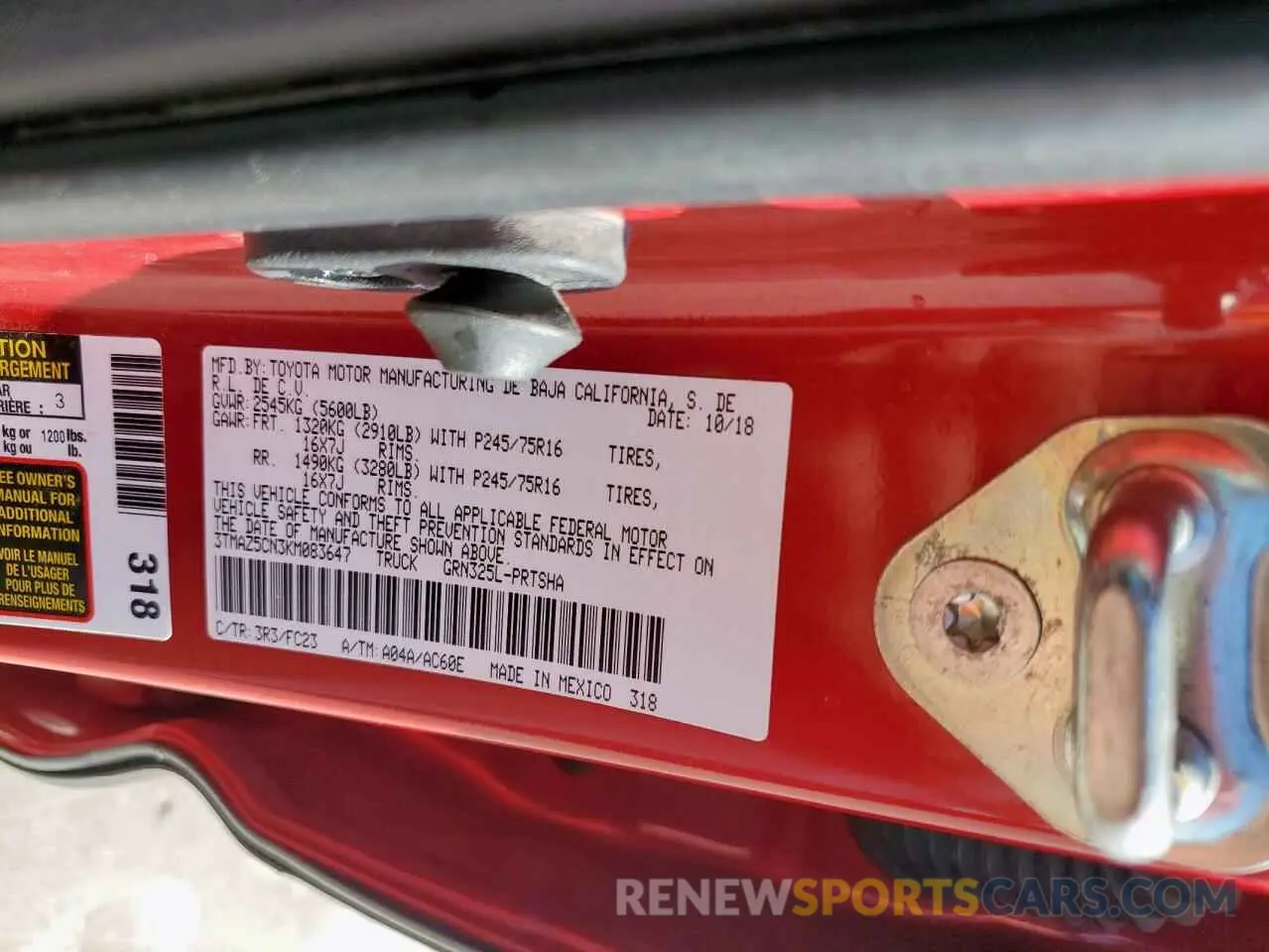 13 fotografías del automóvil dañado 3TMAZ5CN3KM083647 TOYOTA TACOMA 2019