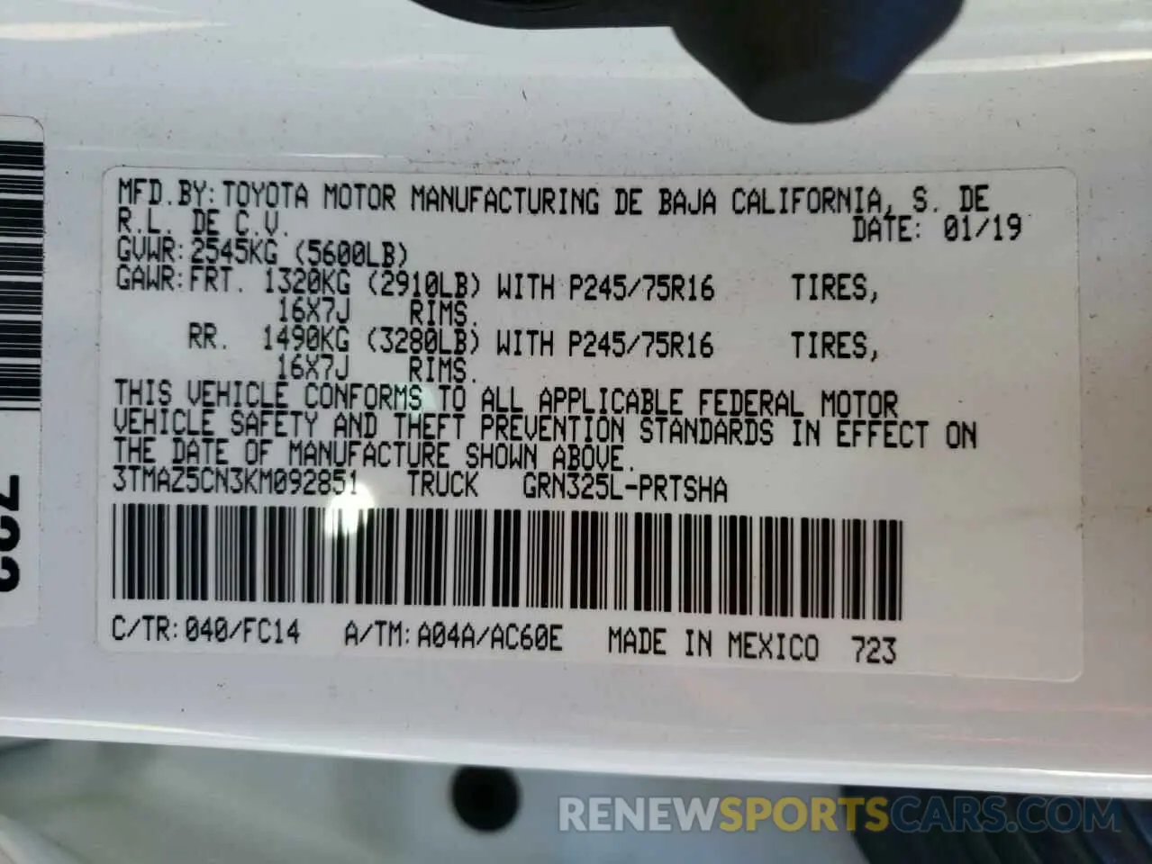 10 fotografías del automóvil dañado 3TMAZ5CN3KM092851 TOYOTA TACOMA 2019