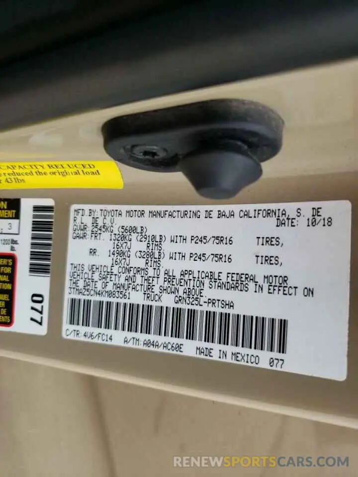10 fotografías del automóvil dañado 3TMAZ5CN4KM083561 TOYOTA TACOMA 2019