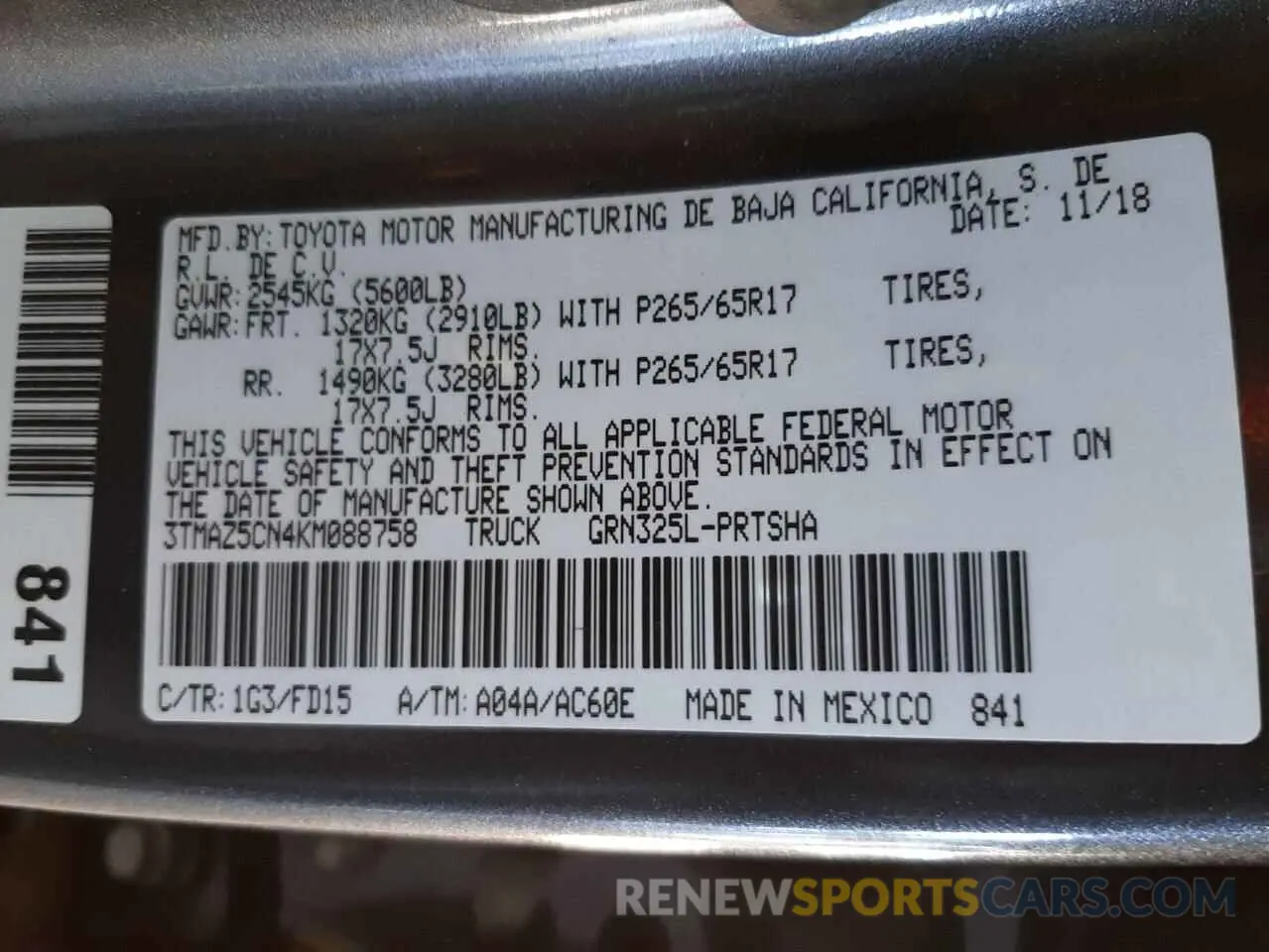 10 fotografías del automóvil dañado 3TMAZ5CN4KM088758 TOYOTA TACOMA 2019