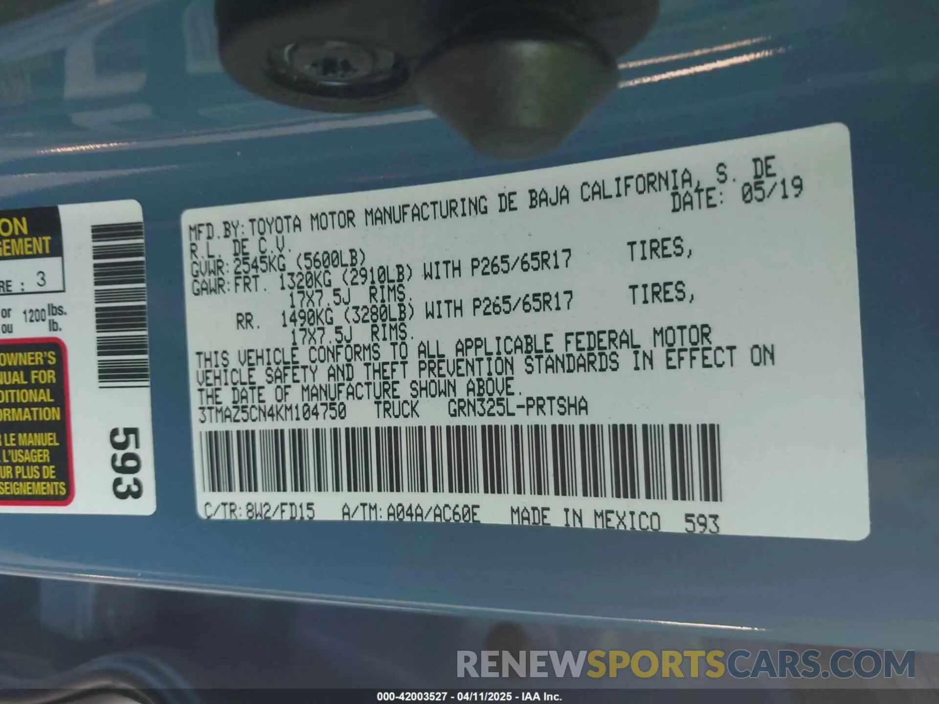 9 fotografías del automóvil dañado 3TMAZ5CN4KM104750 TOYOTA TACOMA 2019
