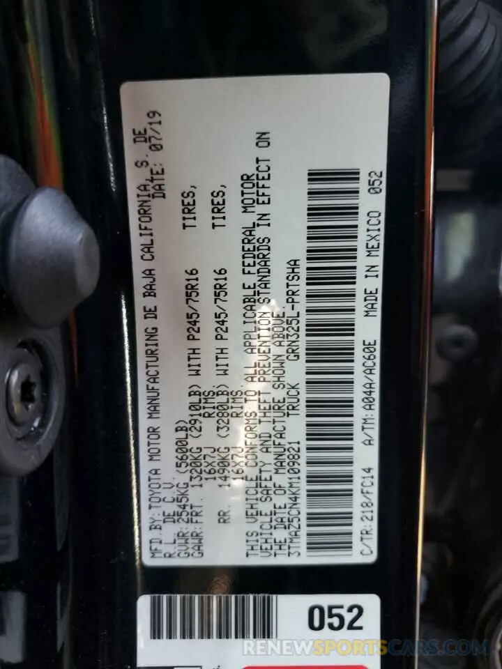 12 fotografías del automóvil dañado 3TMAZ5CN4KM109821 TOYOTA TACOMA 2019