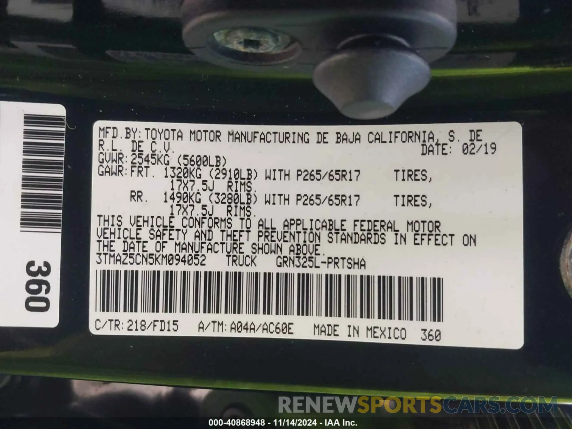 9 fotografías del automóvil dañado 3TMAZ5CN5KM094052 TOYOTA TACOMA 2019