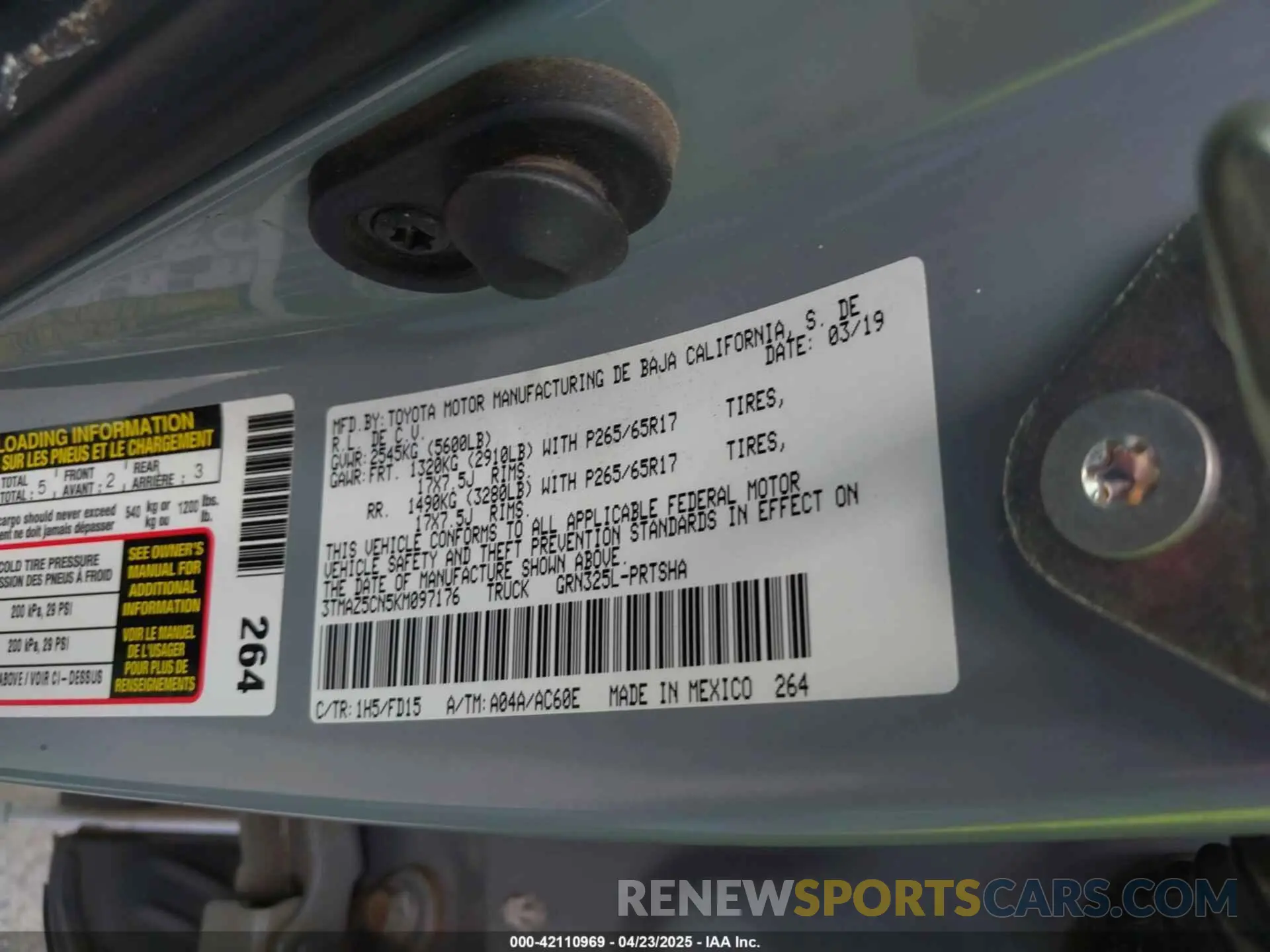 9 fotografías del automóvil dañado 3TMAZ5CN5KM097176 TOYOTA TACOMA 2019