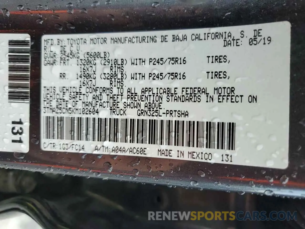 12 fotografías del automóvil dañado 3TMAZ5CN5KM102604 TOYOTA TACOMA 2019