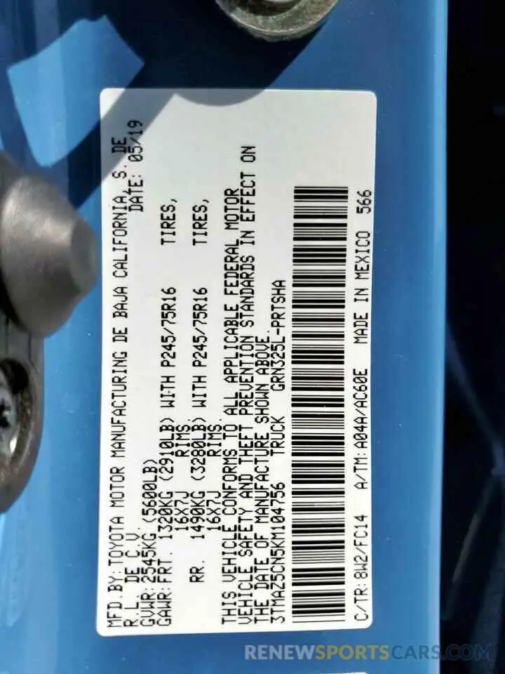 13 fotografías del automóvil dañado 3TMAZ5CN5KM104756 TOYOTA TACOMA 2019
