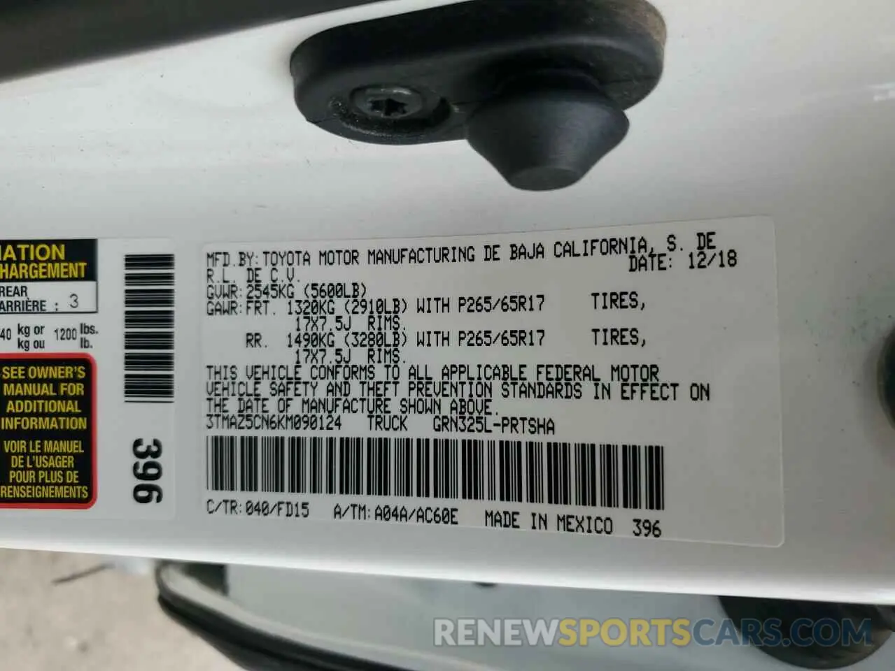 12 fotografías del automóvil dañado 3TMAZ5CN6KM090124 TOYOTA TACOMA 2019