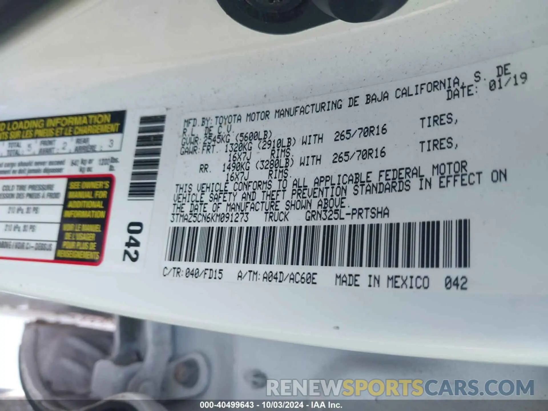 9 fotografías del automóvil dañado 3TMAZ5CN6KM091273 TOYOTA TACOMA 2019
