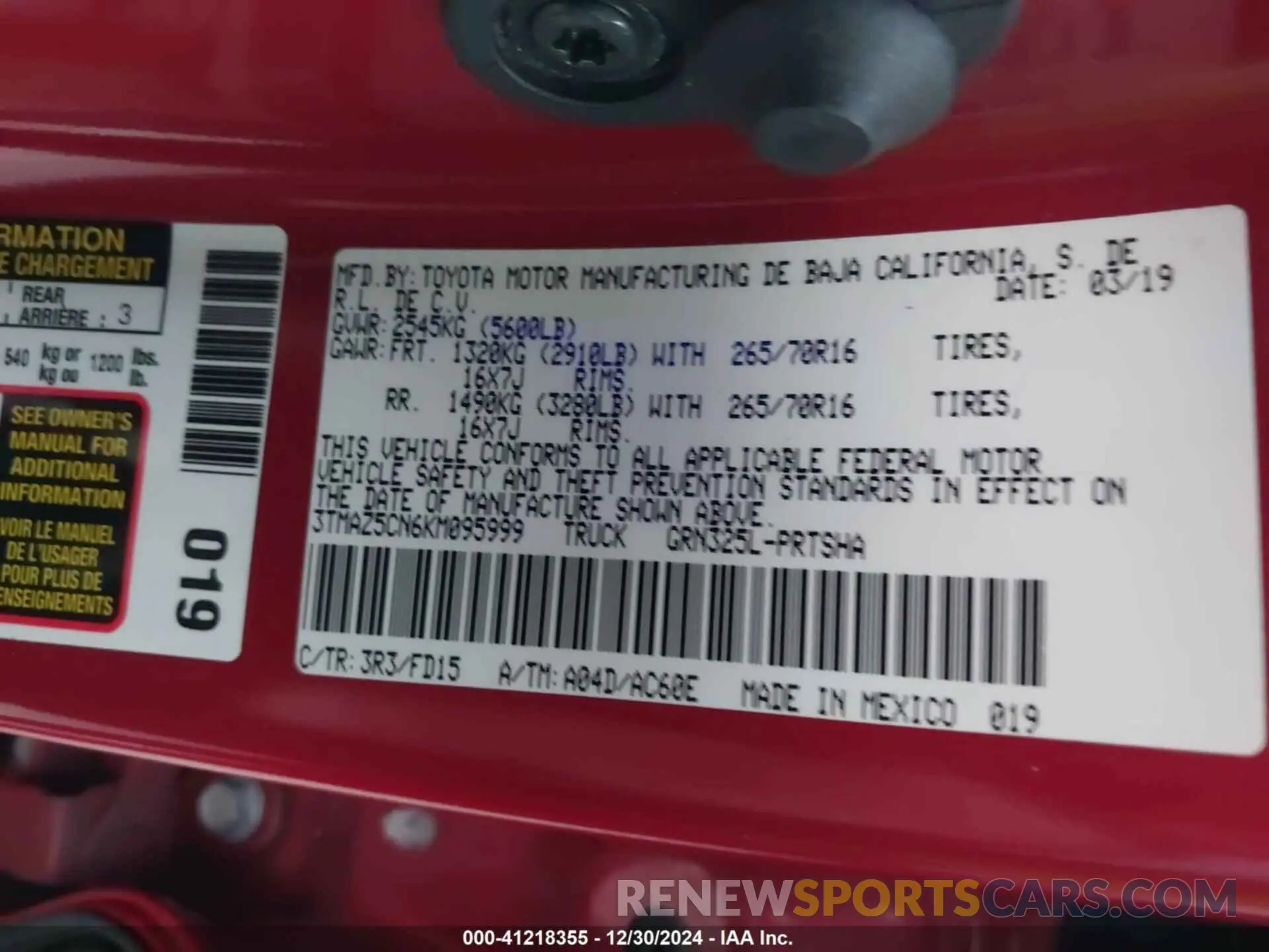 9 fotografías del automóvil dañado 3TMAZ5CN6KM095999 TOYOTA TACOMA 2019