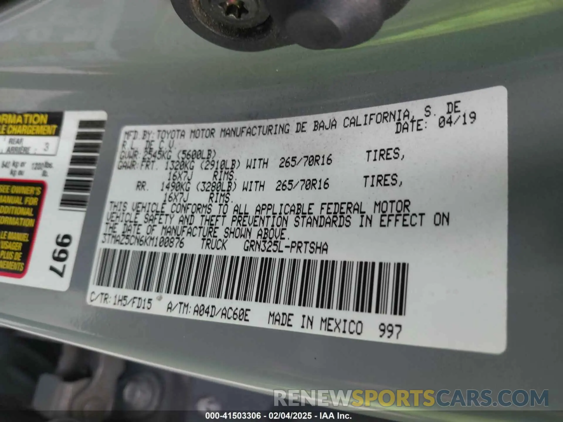 9 fotografías del automóvil dañado 3TMAZ5CN6KM100876 TOYOTA TACOMA 2019