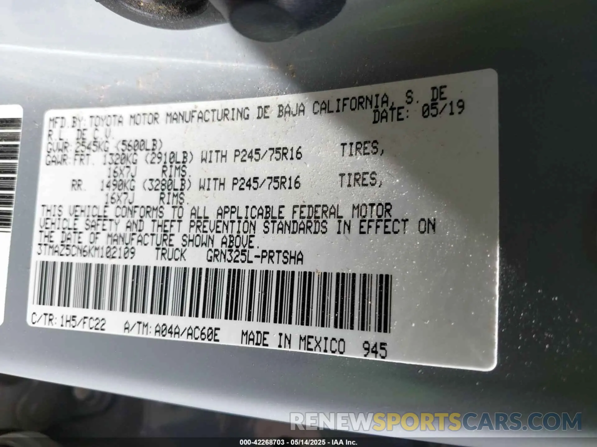 9 fotografías del automóvil dañado 3TMAZ5CN6KM102109 TOYOTA TACOMA 2019