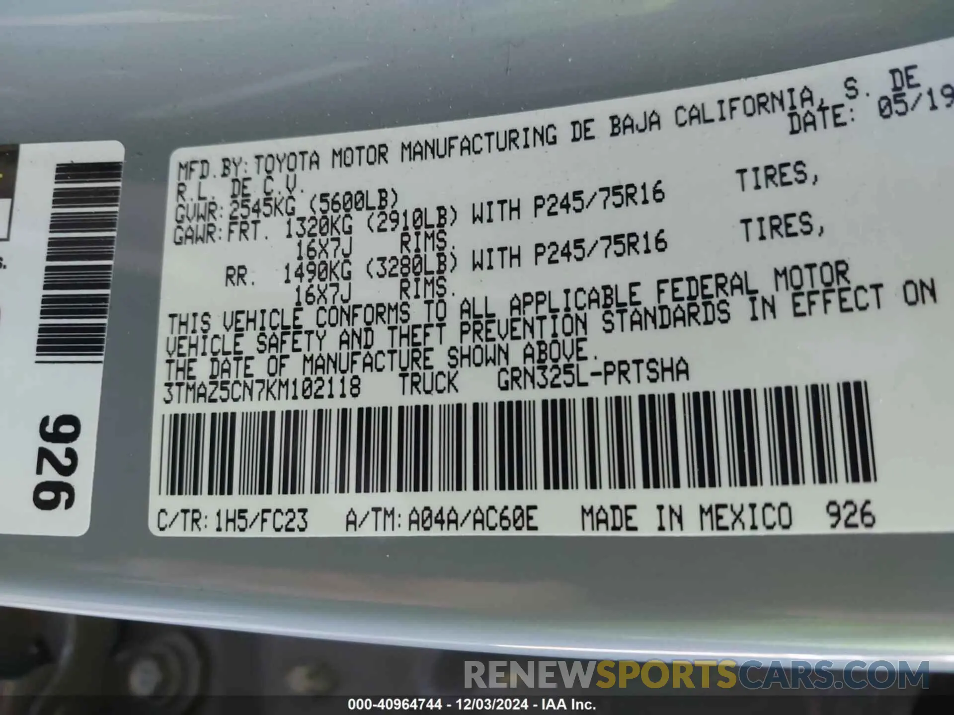 9 fotografías del automóvil dañado 3TMAZ5CN7KM102118 TOYOTA TACOMA 2019