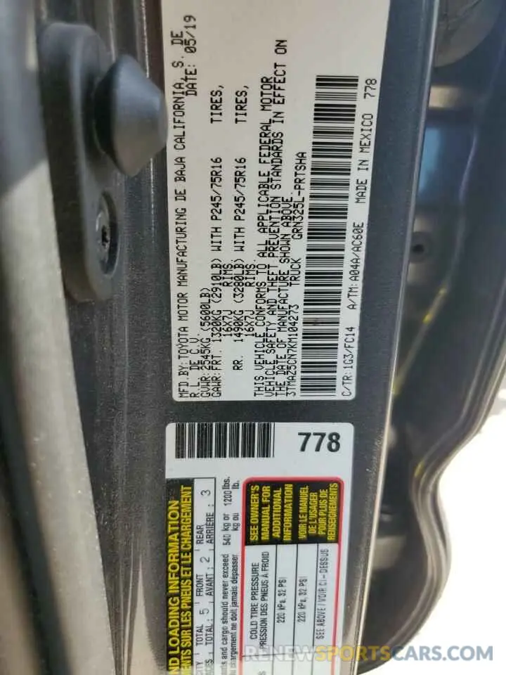 13 fotografías del automóvil dañado 3TMAZ5CN7KM104273 TOYOTA TACOMA 2019