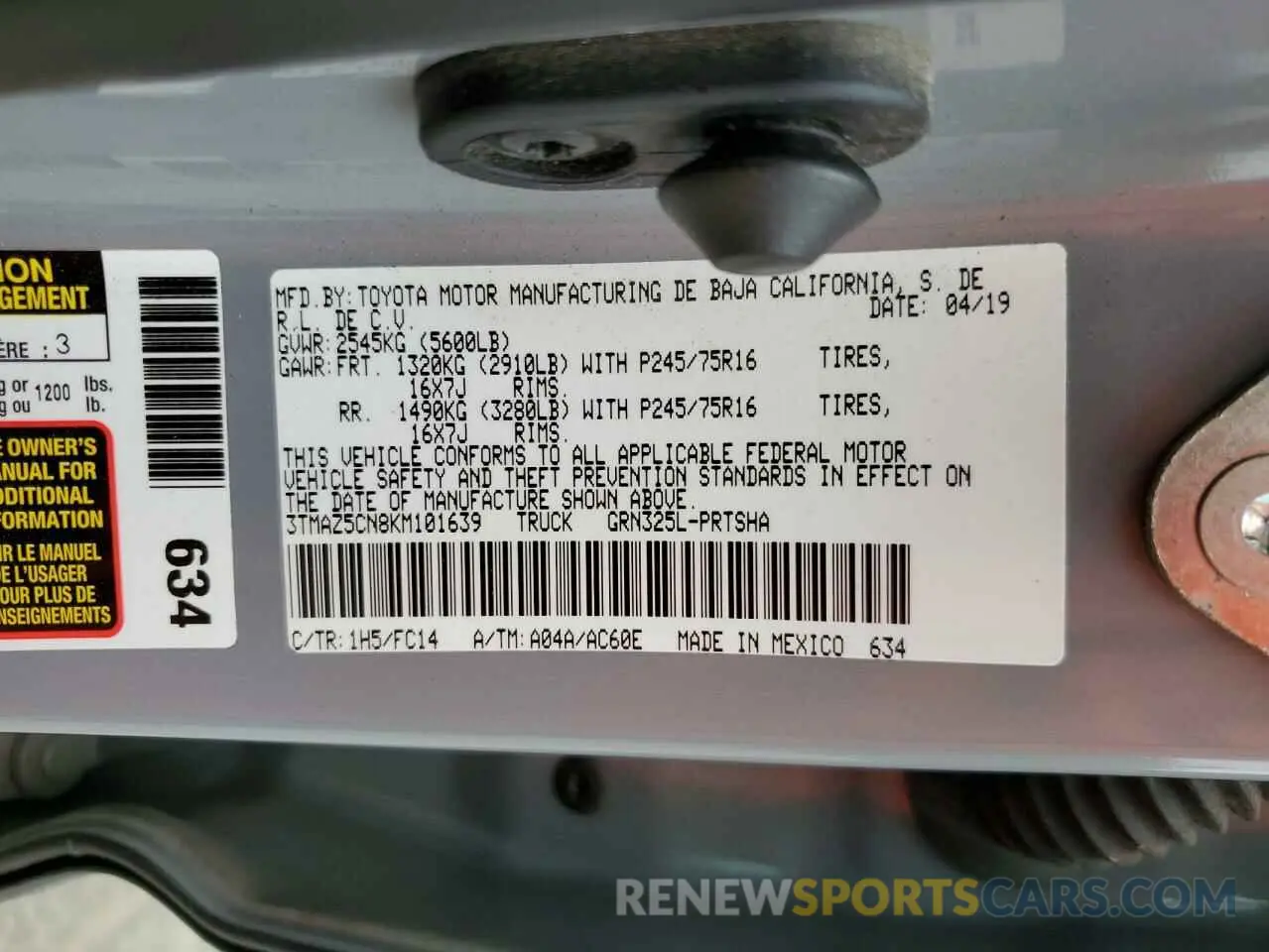 12 fotografías del automóvil dañado 3TMAZ5CN8KM101639 TOYOTA TACOMA 2019