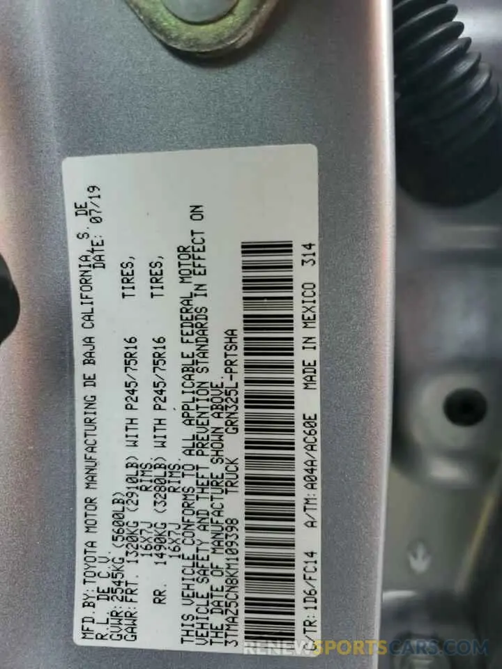 12 fotografías del automóvil dañado 3TMAZ5CN8KM109398 TOYOTA TACOMA 2019