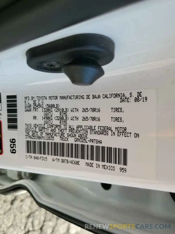 12 fotografías del automóvil dañado 3TMAZ5CN8KM112835 TOYOTA TACOMA 2019