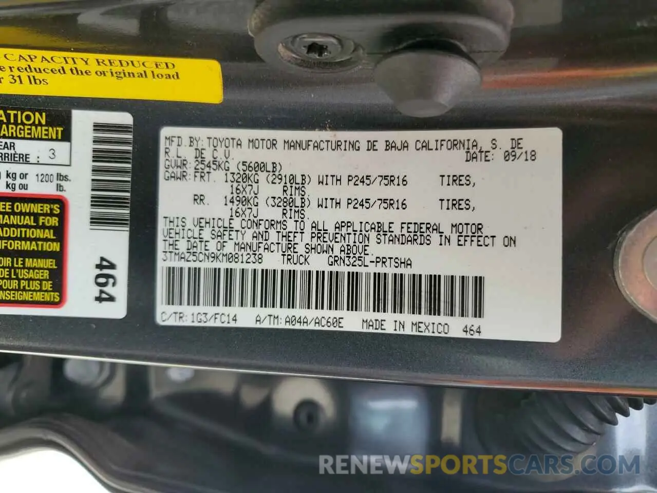 12 fotografías del automóvil dañado 3TMAZ5CN9KM081238 TOYOTA TACOMA 2019
