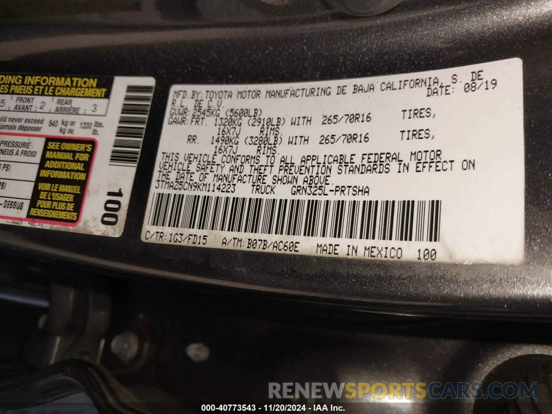 9 fotografías del automóvil dañado 3TMAZ5CN9KM114223 TOYOTA TACOMA 2019