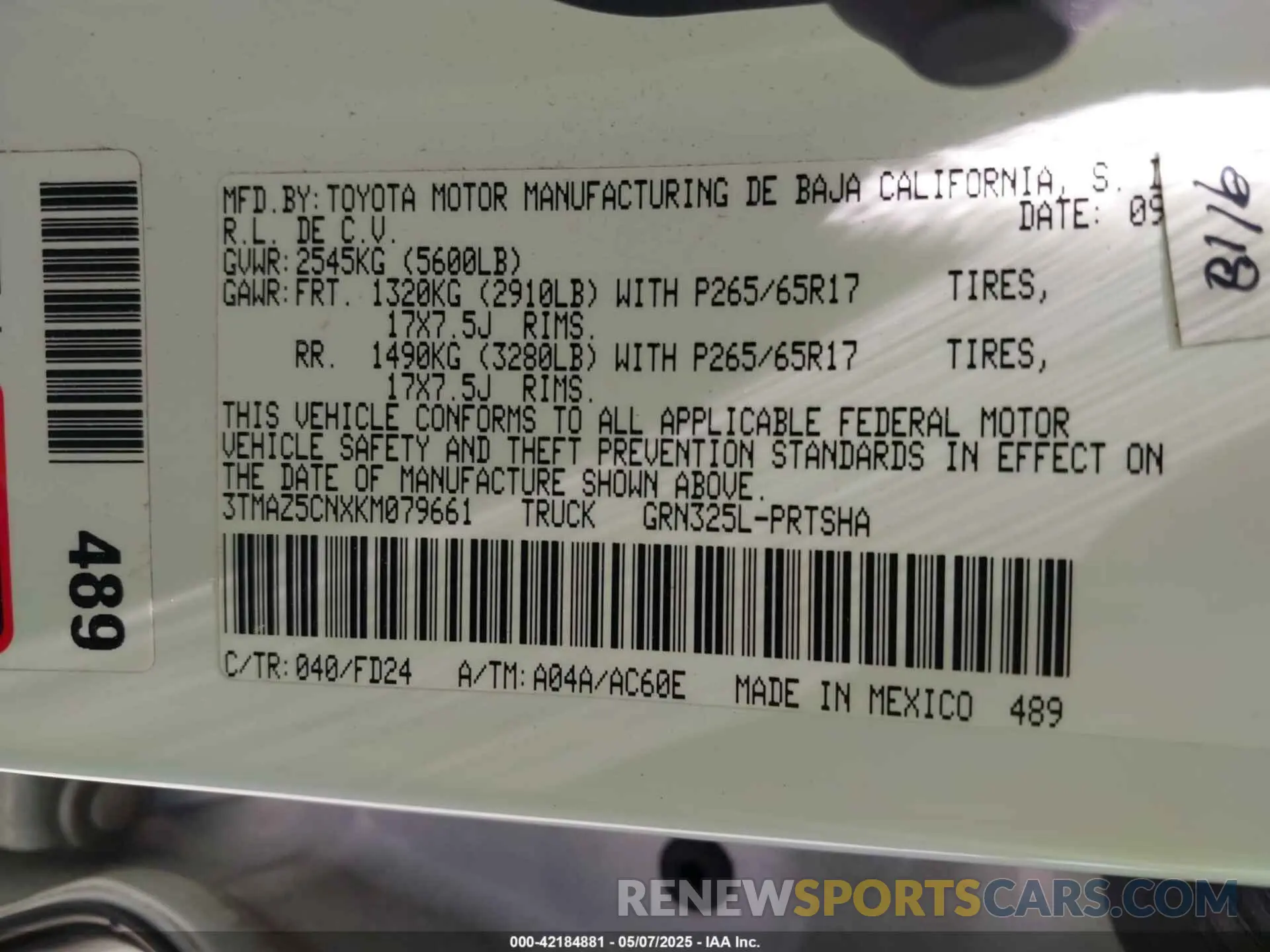 9 fotografías del automóvil dañado 3TMAZ5CNXKM079661 TOYOTA TACOMA 2019