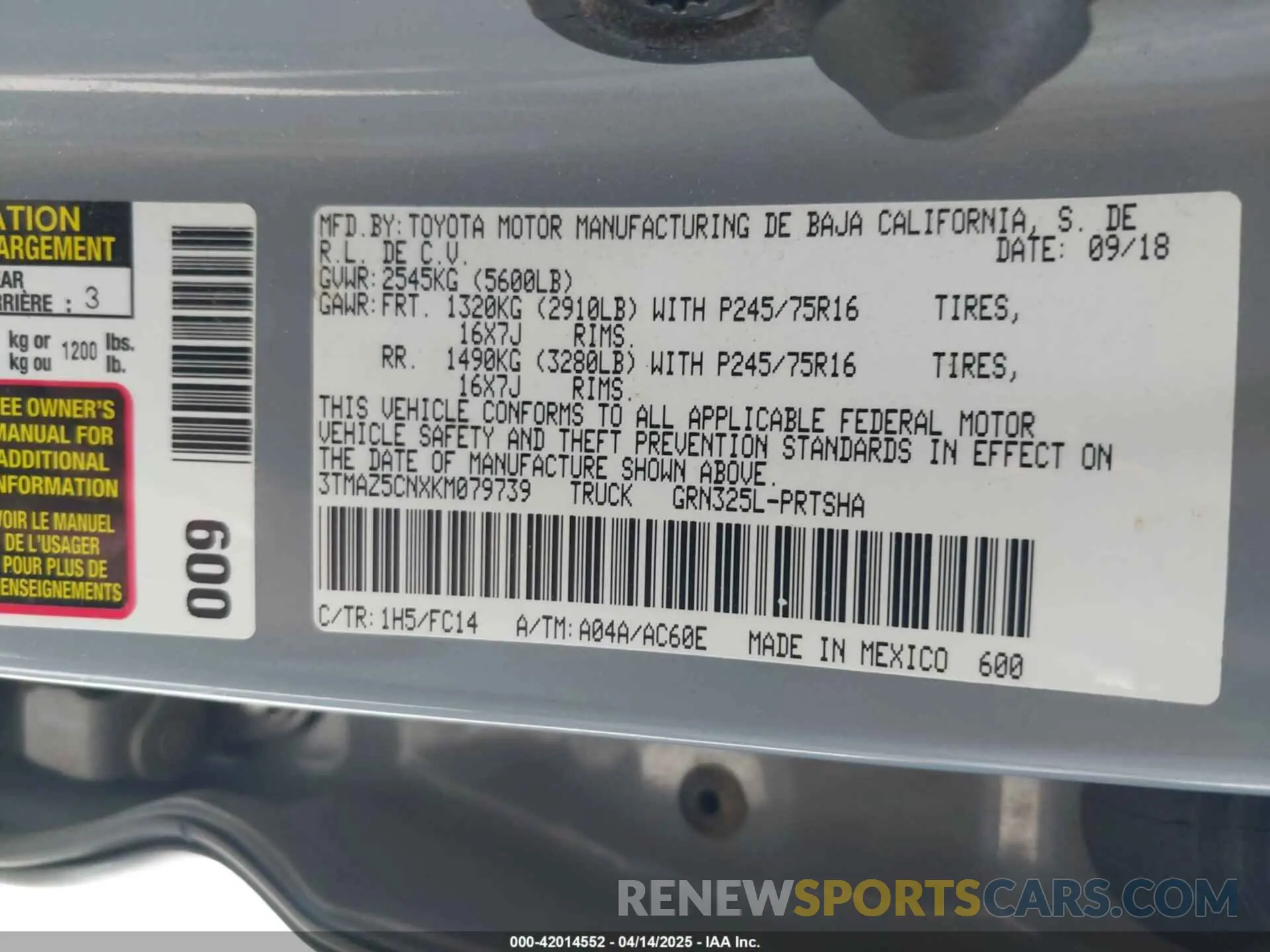 9 fotografías del automóvil dañado 3TMAZ5CNXKM079739 TOYOTA TACOMA 2019
