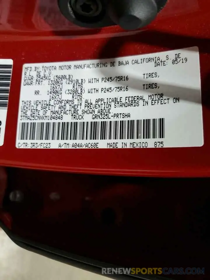 12 fotografías del automóvil dañado 3TMAZ5CNXKM104848 TOYOTA TACOMA 2019