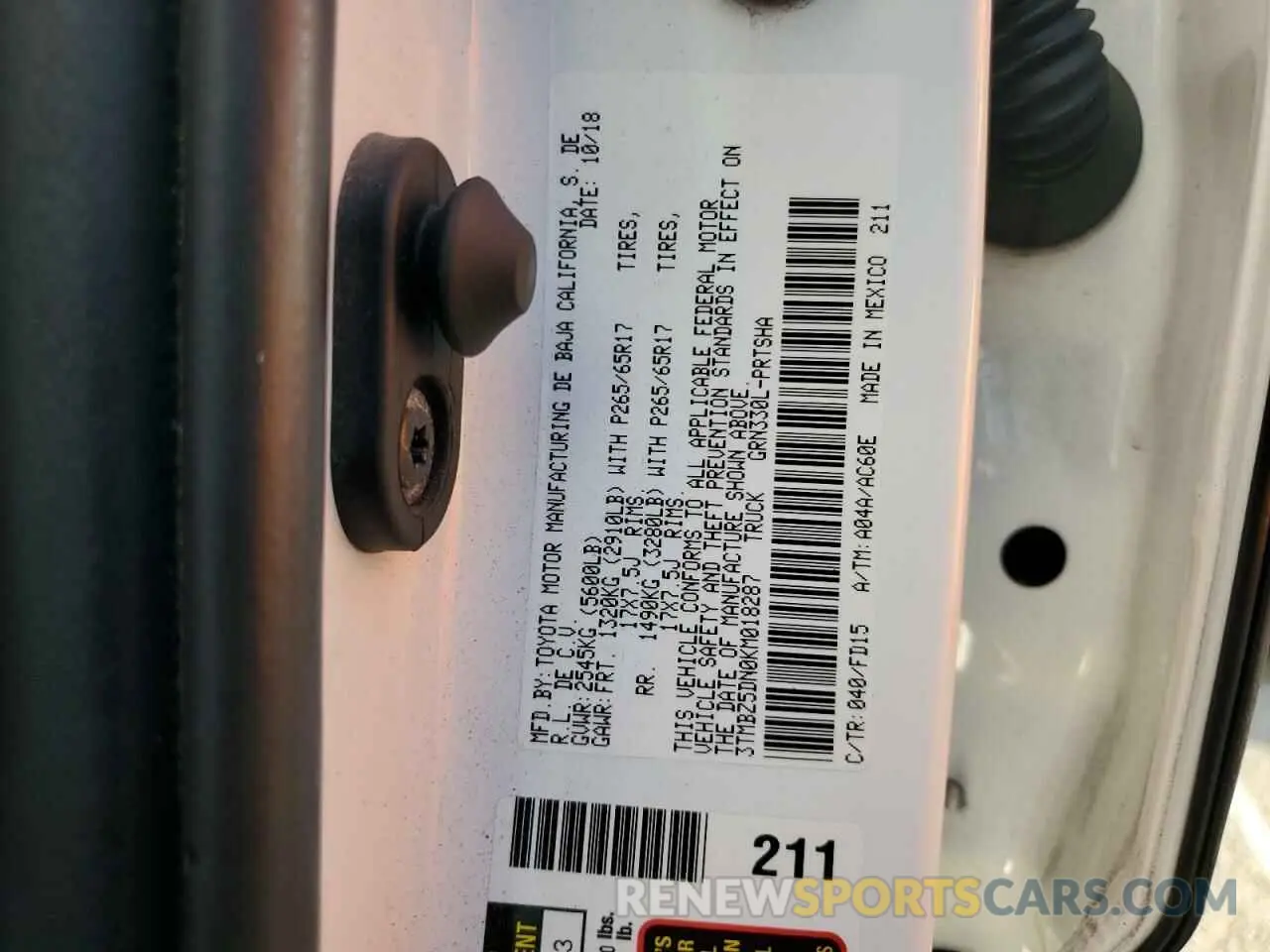 13 fotografías del automóvil dañado 3TMBZ5DN0KM018287 TOYOTA TACOMA 2019